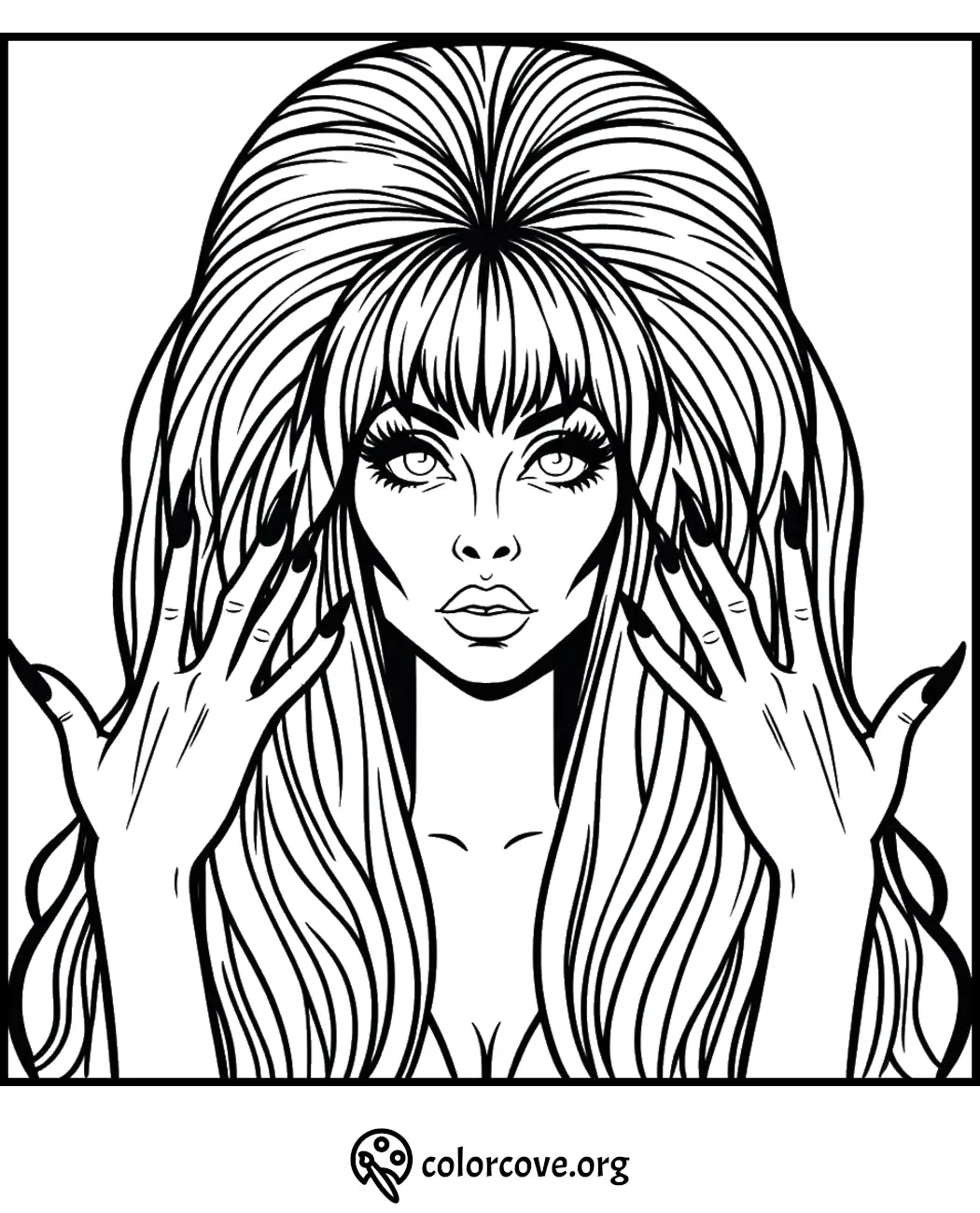 Coloring page of a woman with voluminous hair and long nails, ready for creative coloring fun from colorcove.org.