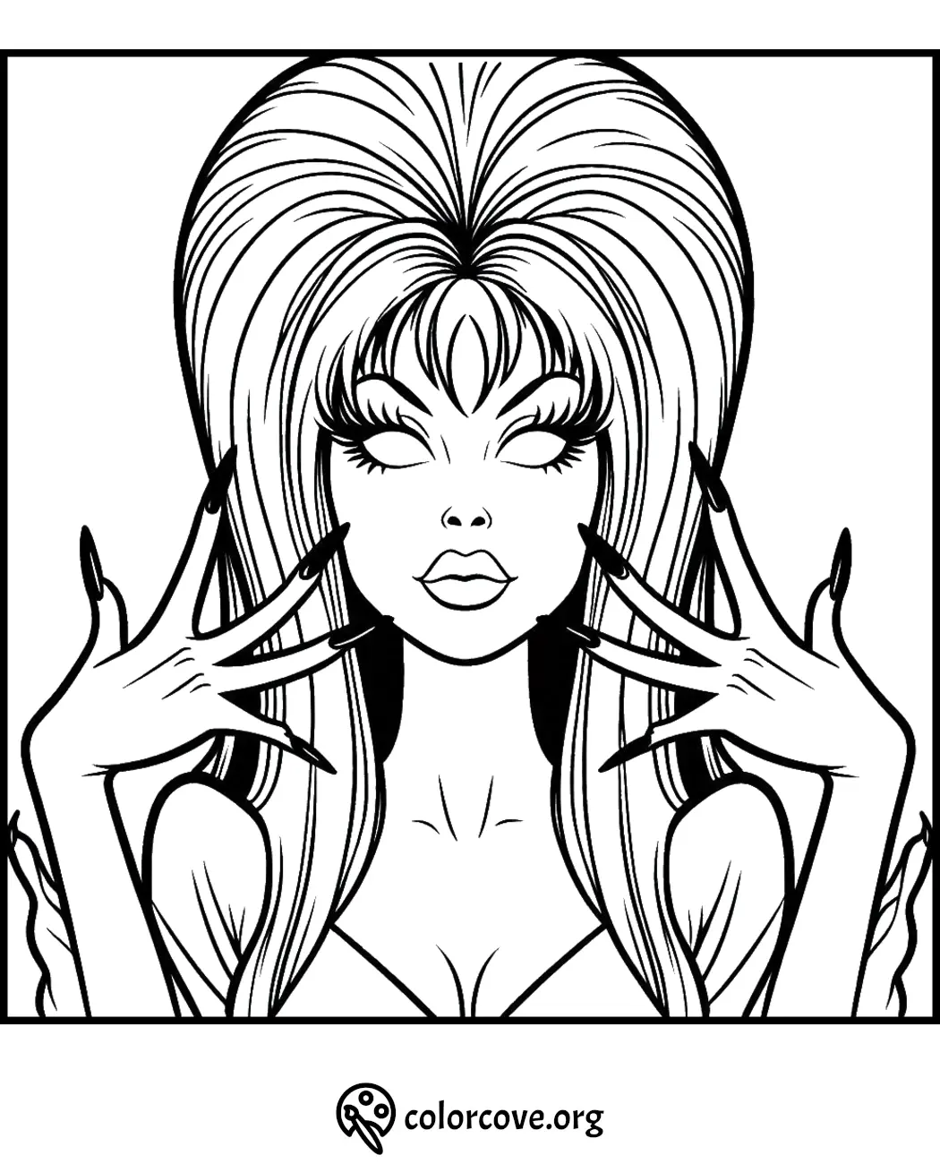 Coloring page of a woman with voluminous hair and long nails, hands positioned near her face. From colorcove.org.