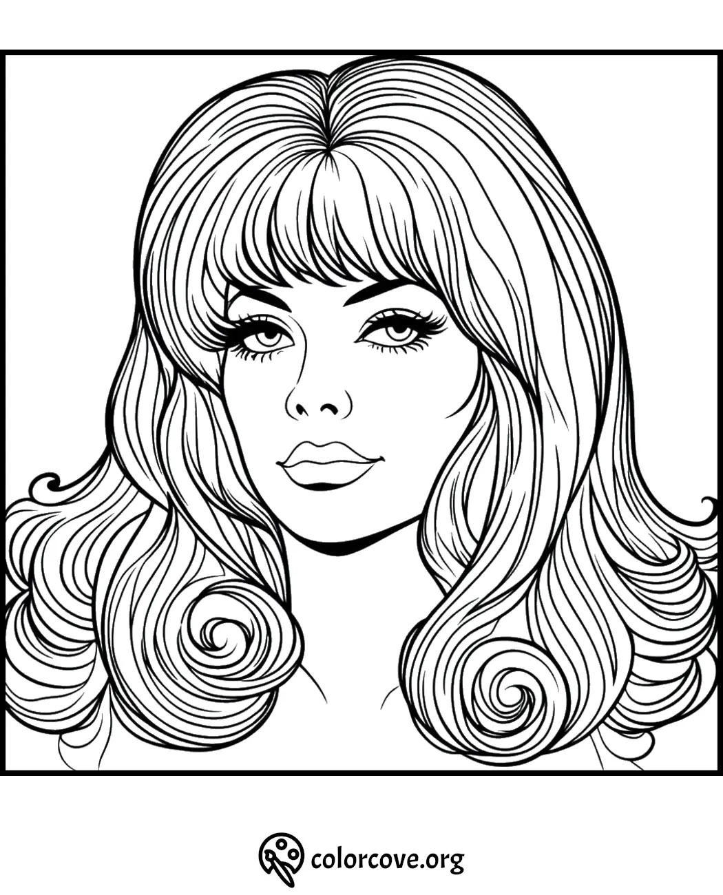 Printable coloring page of a woman with long, wavy hair and bangs - perfect for relaxation and creativity.