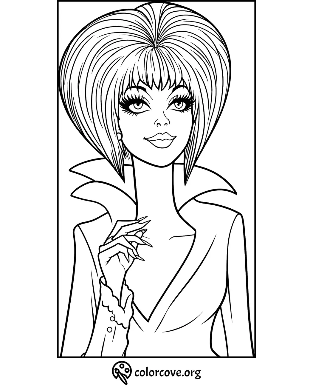 Vintage fashion coloring page of a stylish woman with a beehive hairstyle and flared collar at ColorCove.org.