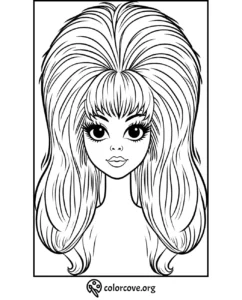 Vintage doll-style woman coloring page with big hair and large eyes, perfect for a relaxing and creative activity.