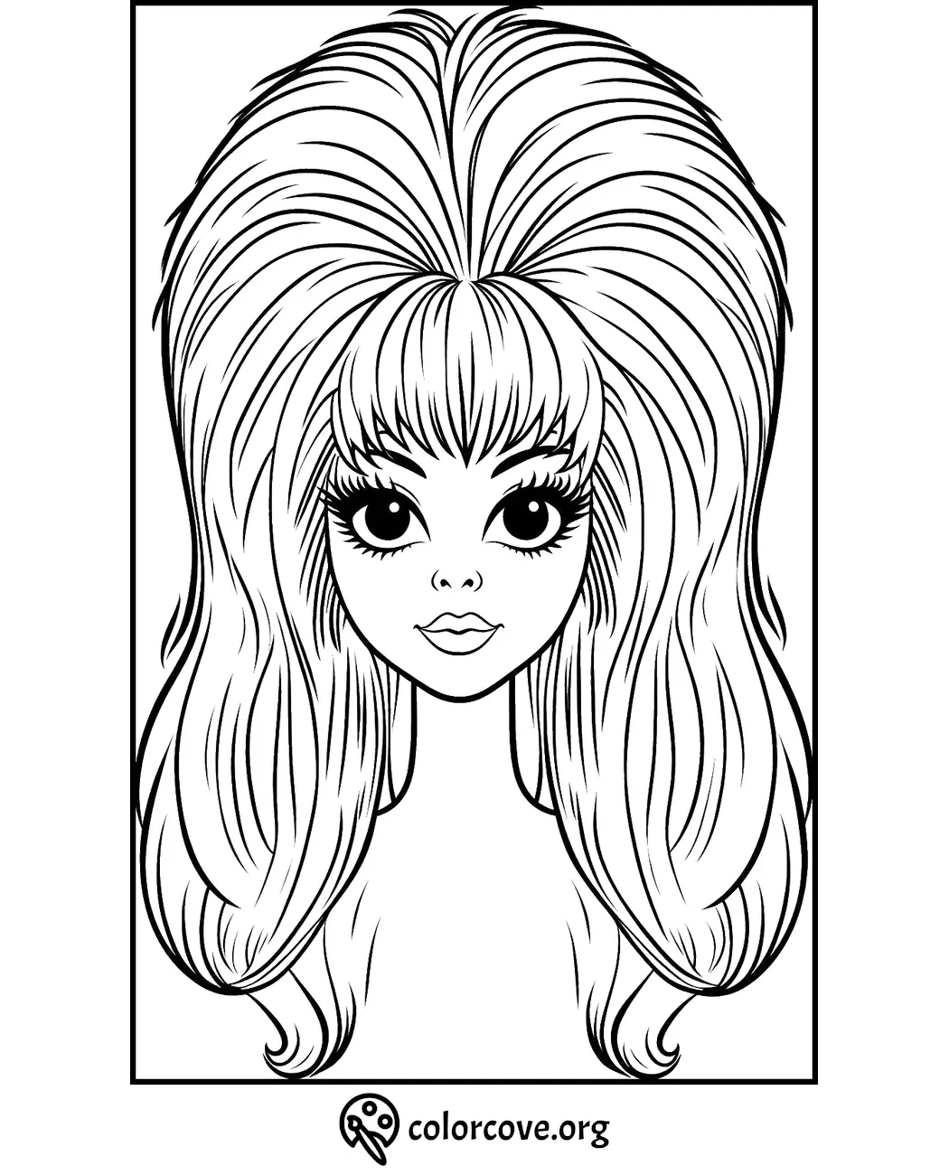 Vintage doll-style woman coloring page with big hair and large eyes, perfect for a relaxing and creative activity.