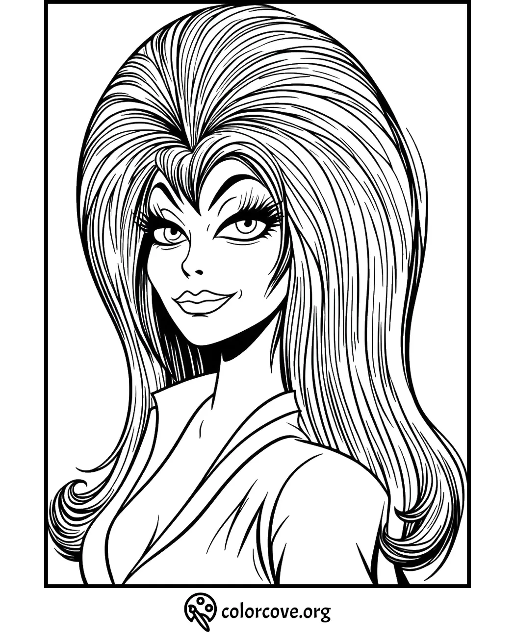 Coloring page featuring a woman with voluminous hair and expressive eyes from colorcove.org.