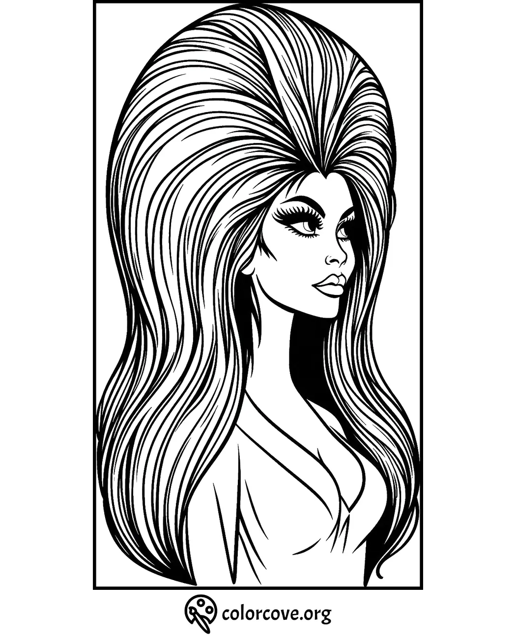 Coloring page of a woman with voluminous hair and detailed features, perfect for adults and children. Download at colorcove.org.