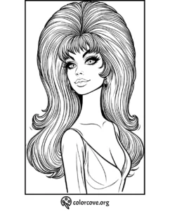 Coloring page featuring a woman with voluminous hair, large eyes, and earrings, ready to be colored.