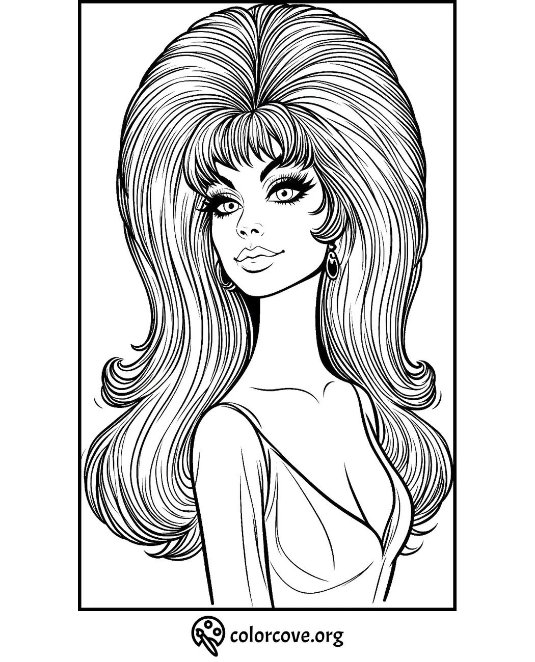 Coloring page featuring a woman with voluminous hair, large eyes, and earrings, ready to be colored.