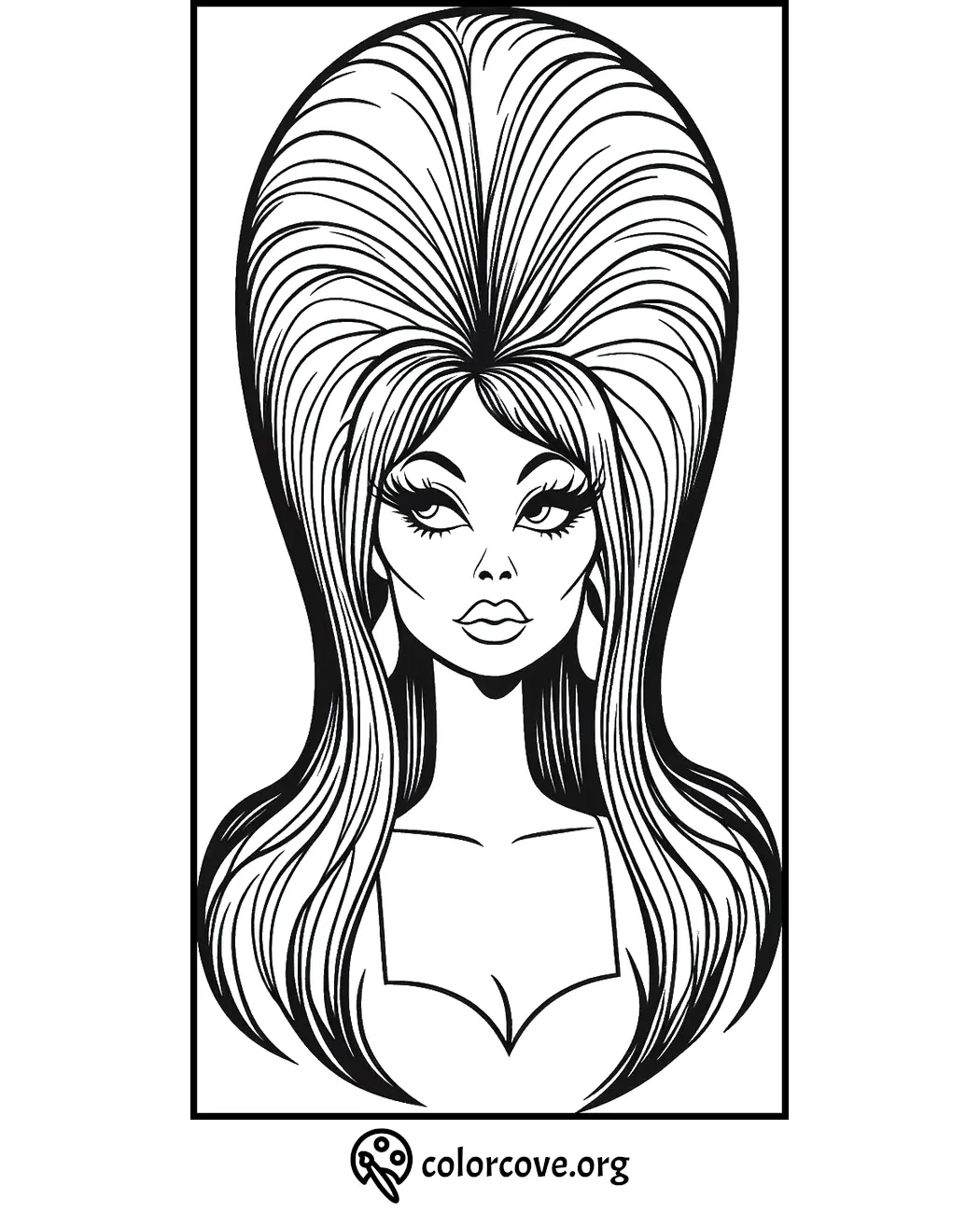 Coloring page featuring a woman with voluminous hair and bold makeup, ready to be colored. Visit colorcove.org for more.