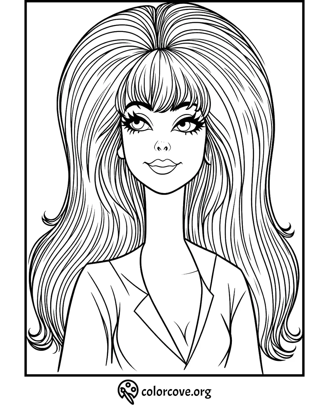 Detailed coloring page featuring a woman with long, flowing hair and a stylish outfit. Perfect for creative coloring fun.