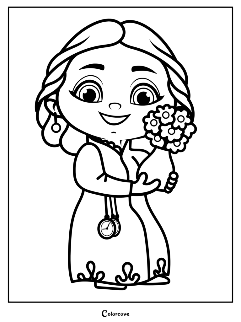 Chibi style Abuela Alma Madrigal holding a bouquet of flowers coloring page