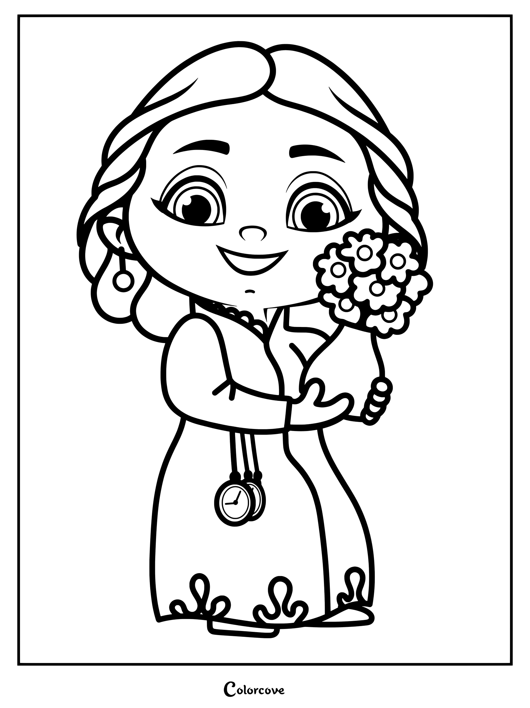 Chibi style Abuela Alma Madrigal holding a bouquet of flowers coloring page