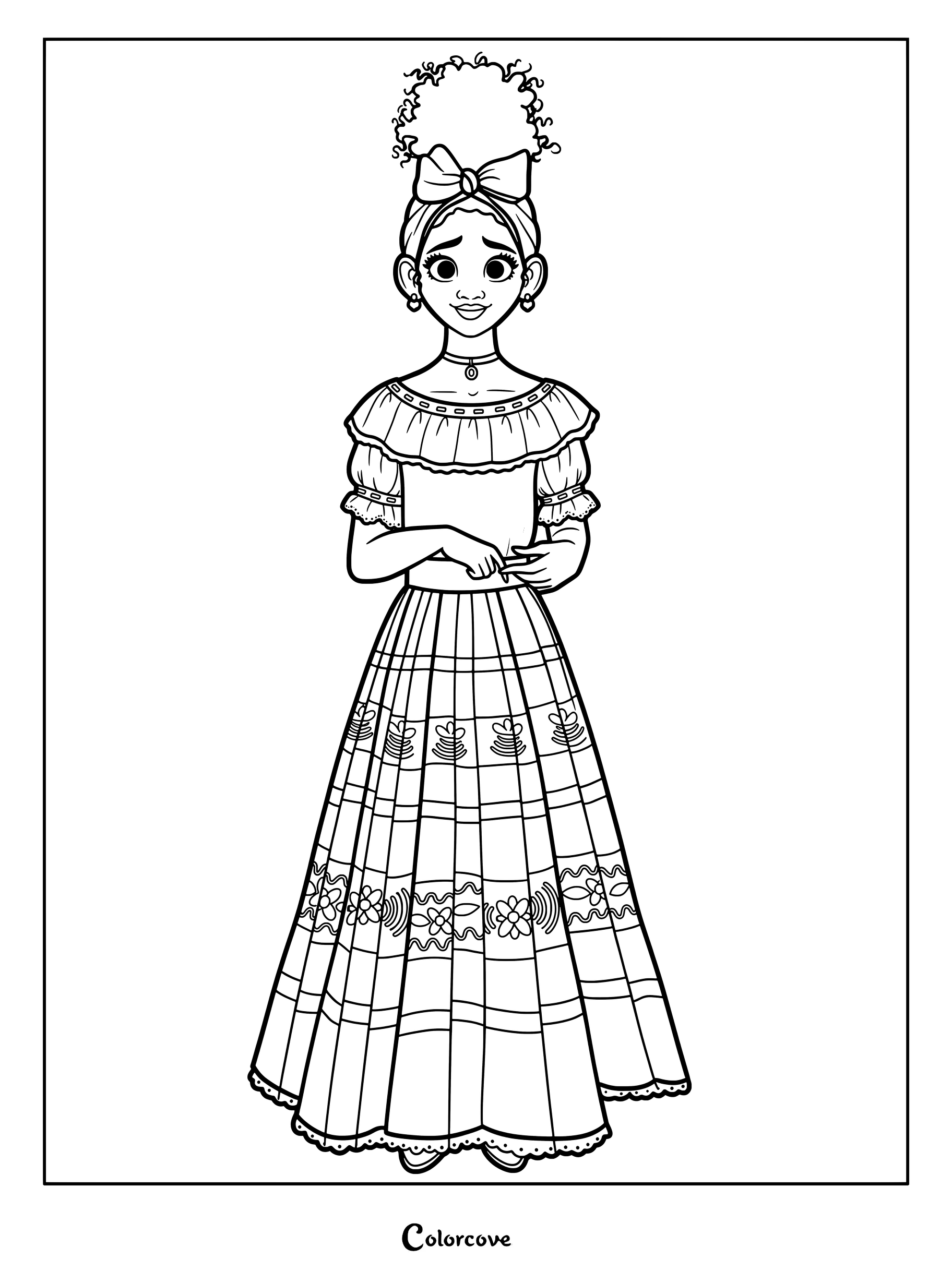 Dolores Madrigal from Encanto standing in her traditional dress with a bow in her hair, detailed line art coloring page.