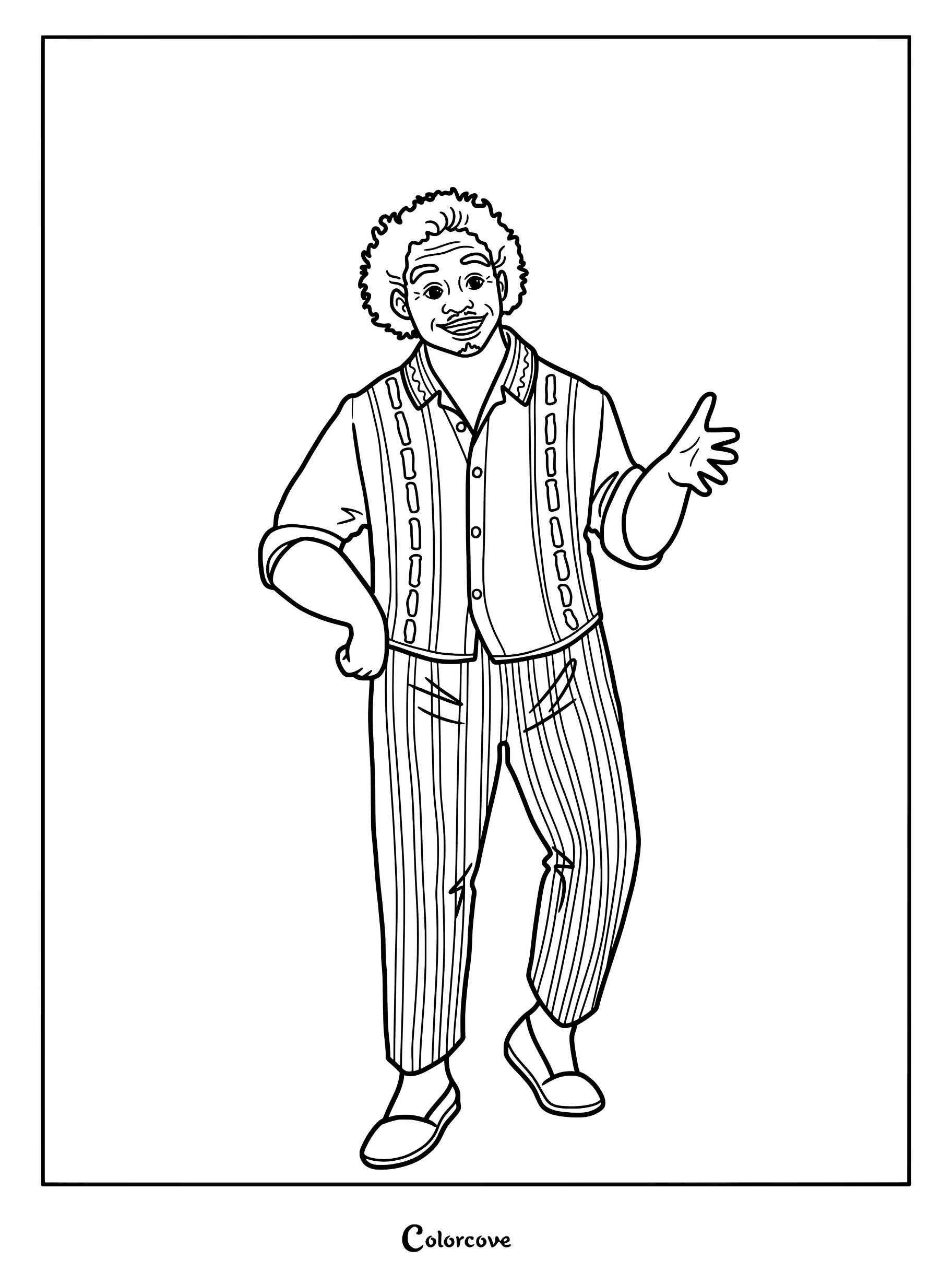 Félix Madrigal from Encanto standing with a friendly smile, wearing a patterned shirt and striped trousers in this printable coloring page.