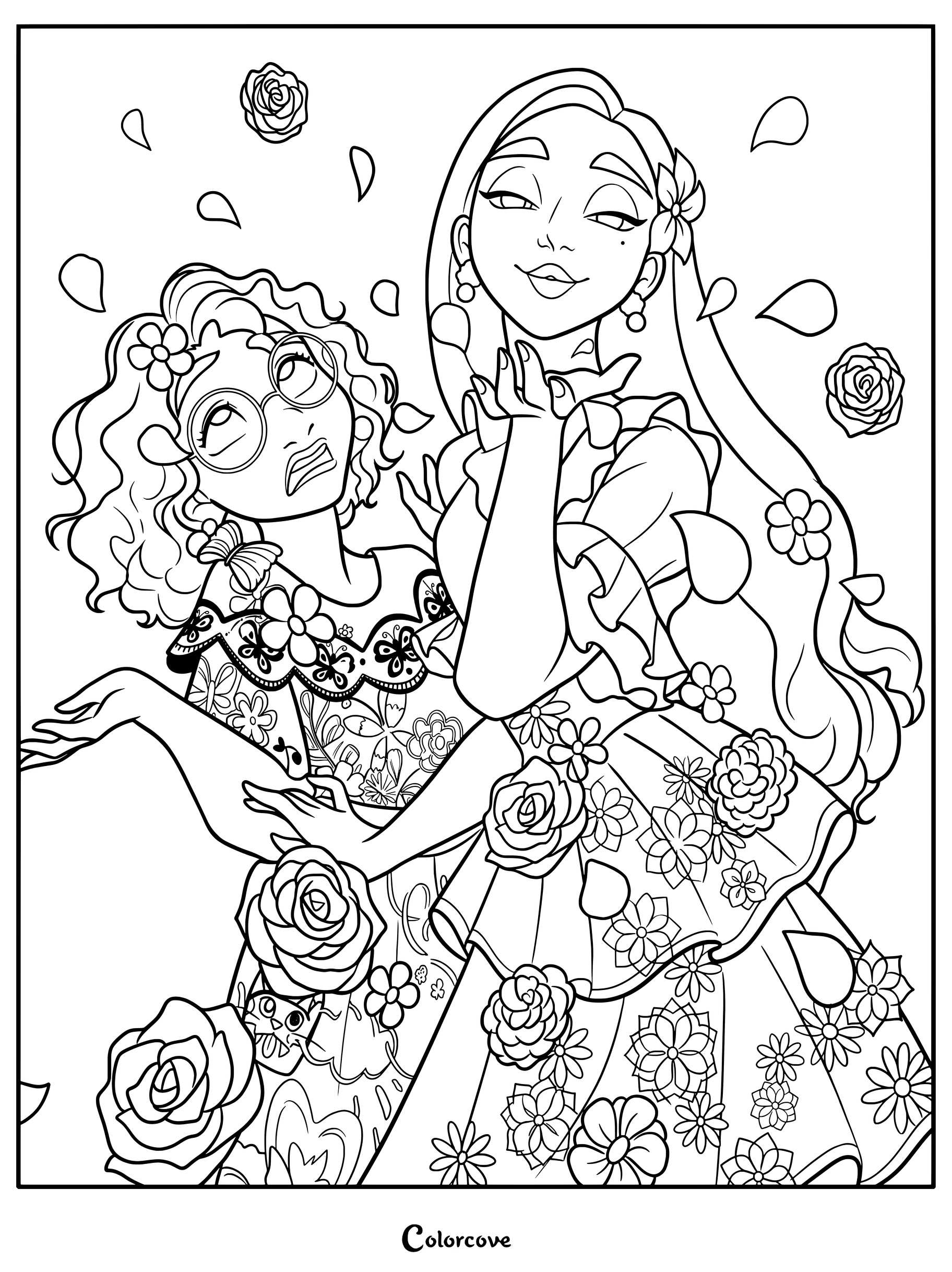 Mirabel Madrigal looking skeptical while Isabela Madrigal blows a kiss surrounded by falling flowers in this Encanto coloring page.