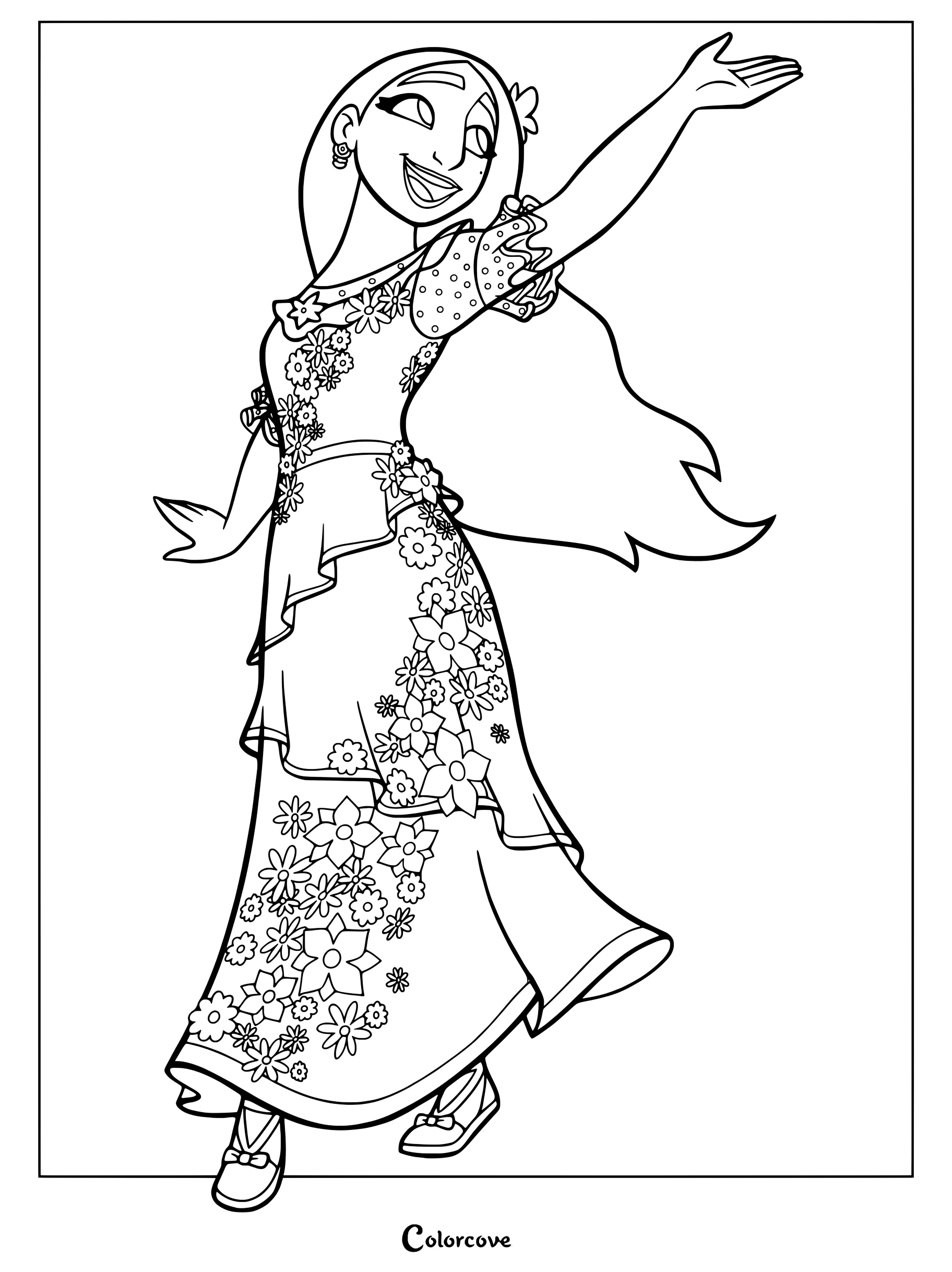 Isabela Madrigal from Encanto in a floral dress with one arm raised, printable coloring page.
