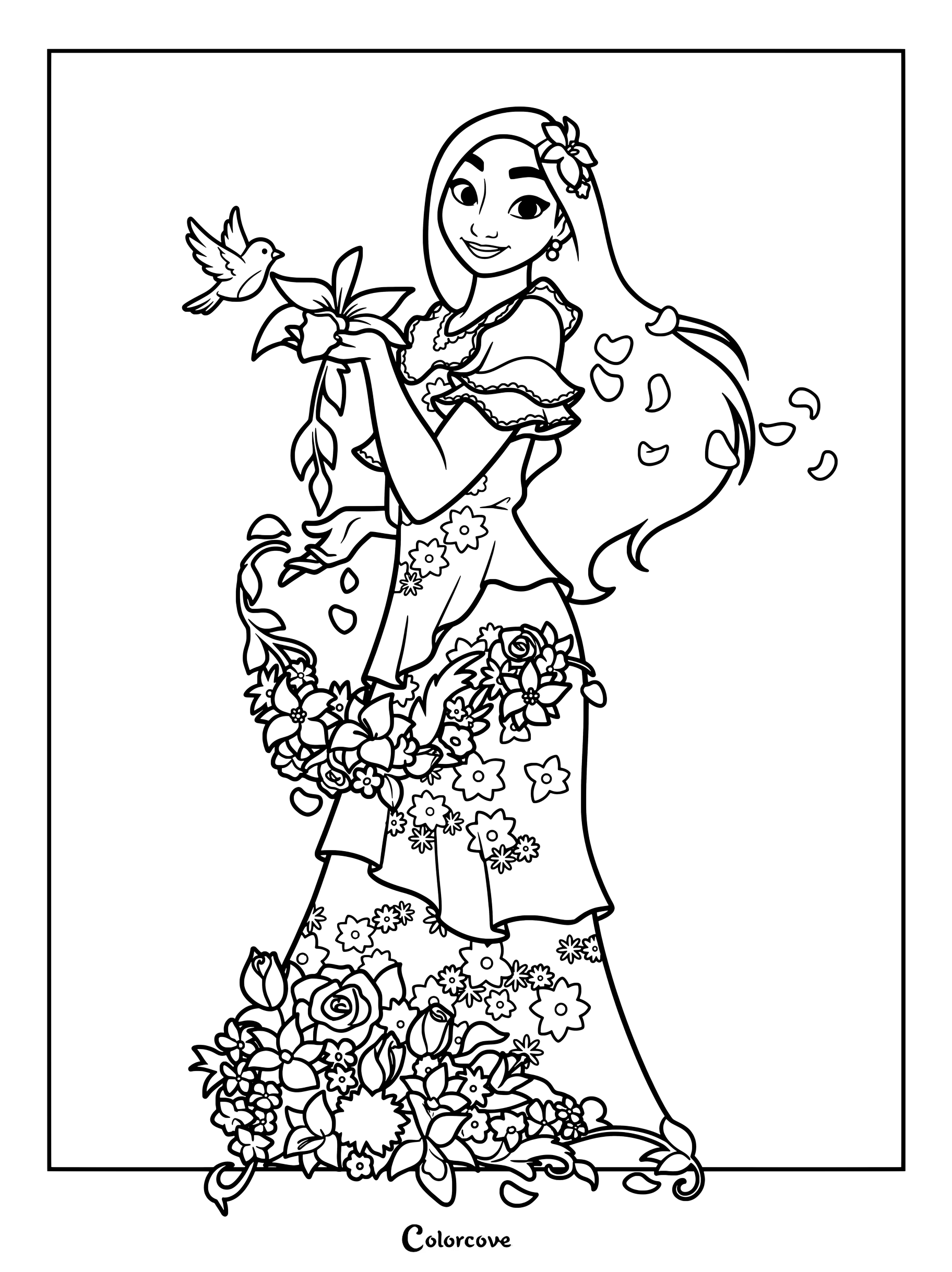 Isabela Madrigal from Encanto surrounded by blooming flowers and a small bird in this printable coloring page.