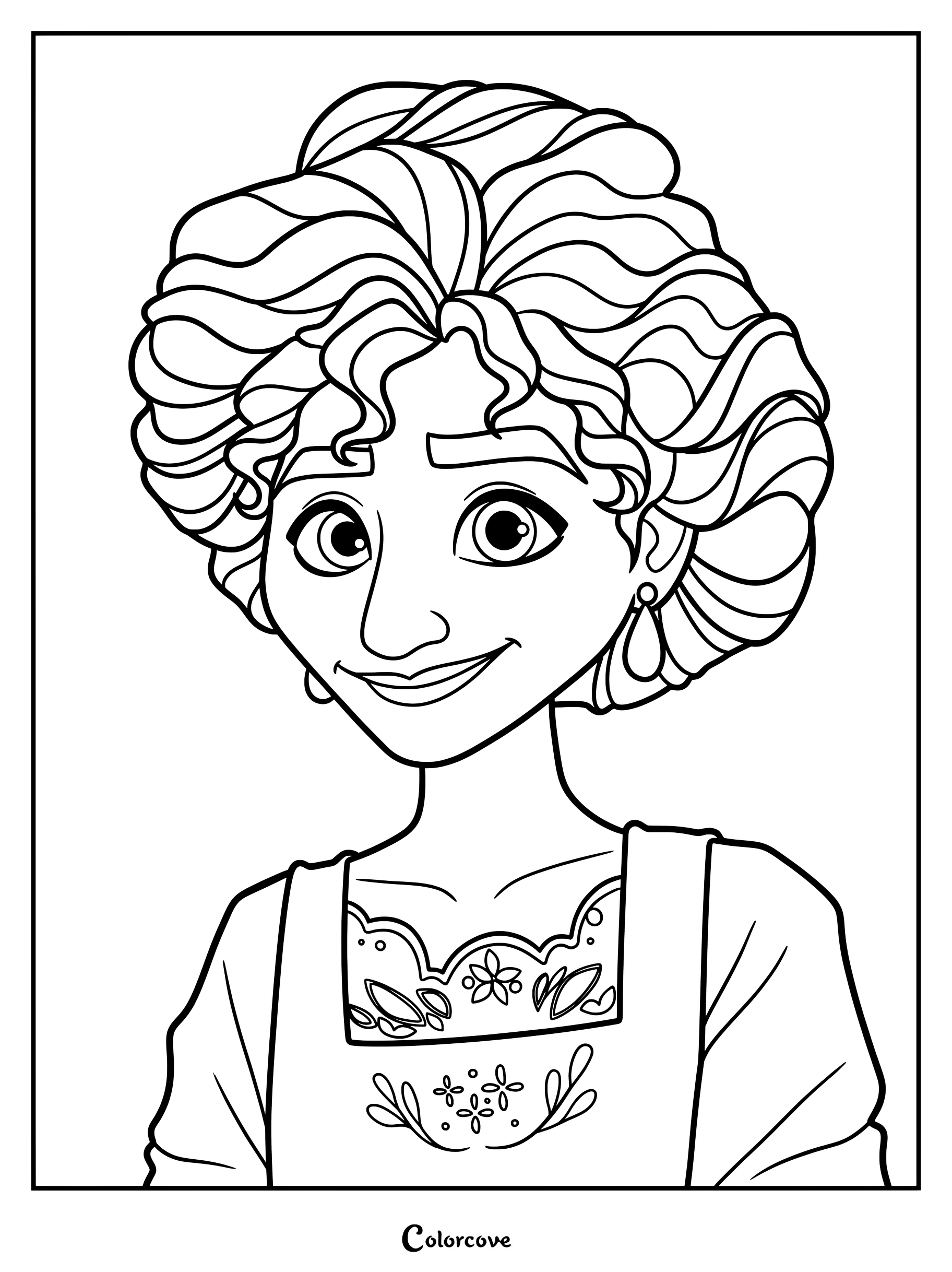 A detailed line art coloring page featuring a portrait of Julieta Madrigal with her signature curly hair and embroidered blouse.