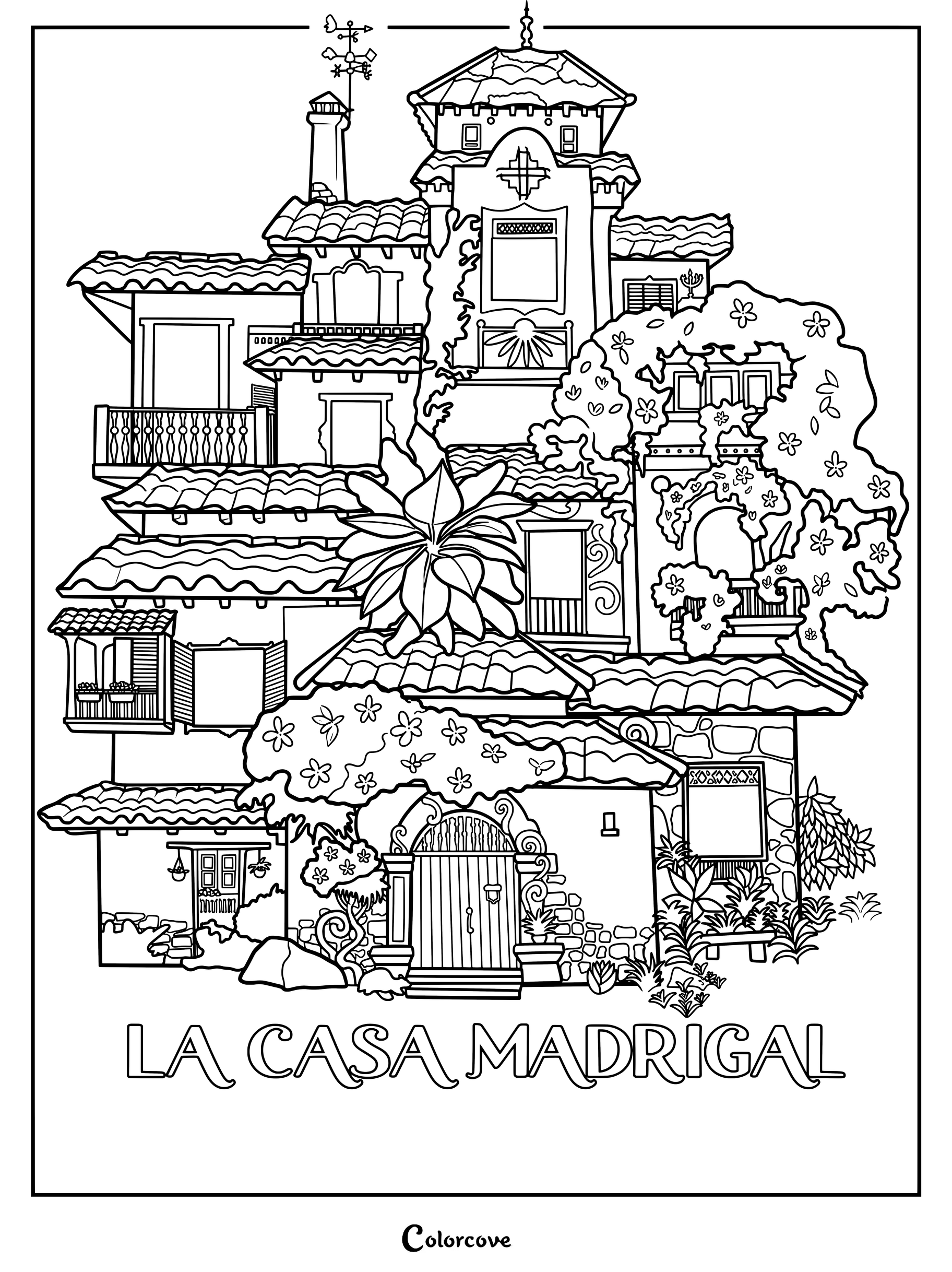 Detailed line art coloring page of La Casa Madrigal from Encanto featuring the magical house with tiled roofs and lush tropical plants.