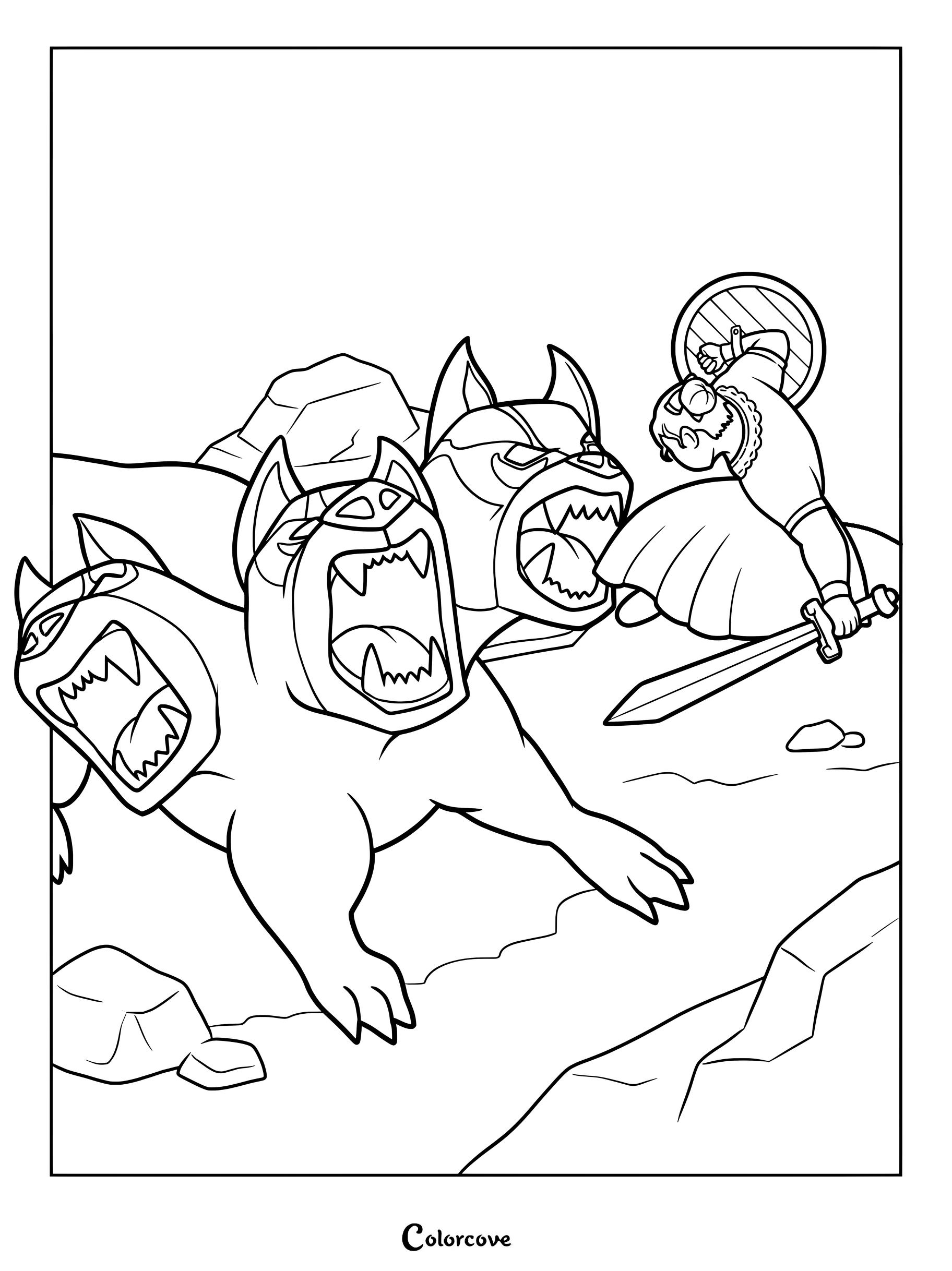 Luisa from Encanto wielding a sword and shield while fighting a three-headed Cerberus in this action-packed coloring page.