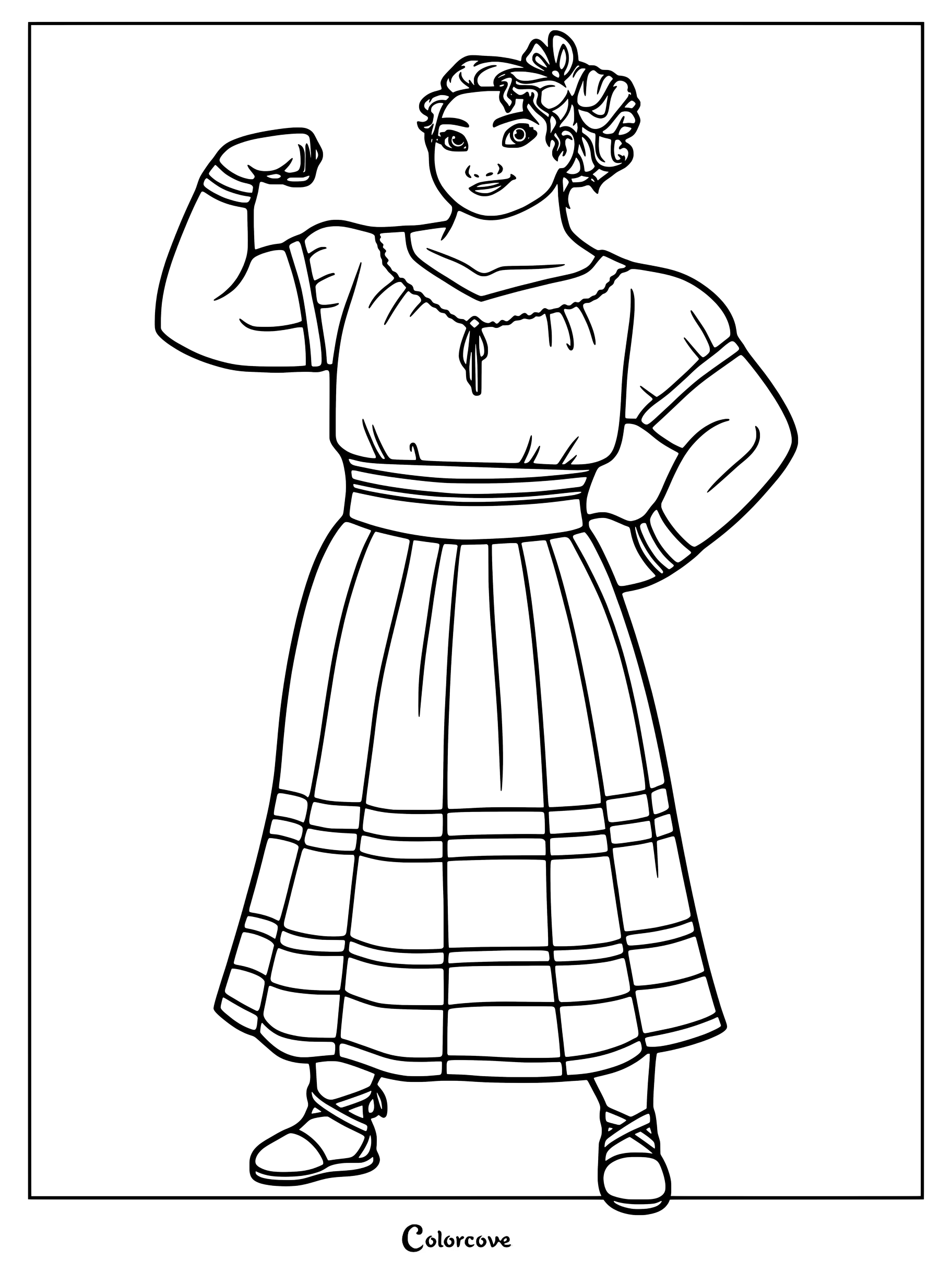 Luisa Madrigal from Encanto flexing her strong arm in a detailed line art coloring page.