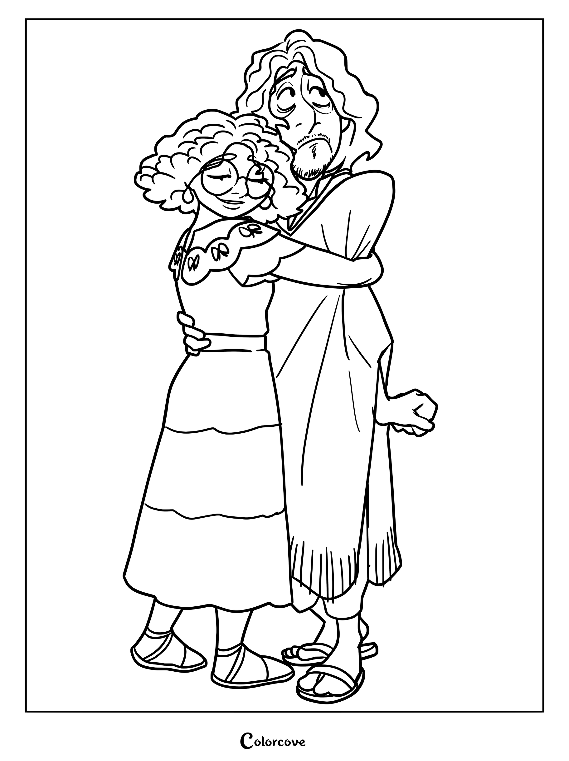 Mirabel Madrigal wearing her signature dress and glasses hugging Bruno Madrigal in his poncho in this Encanto coloring page.
