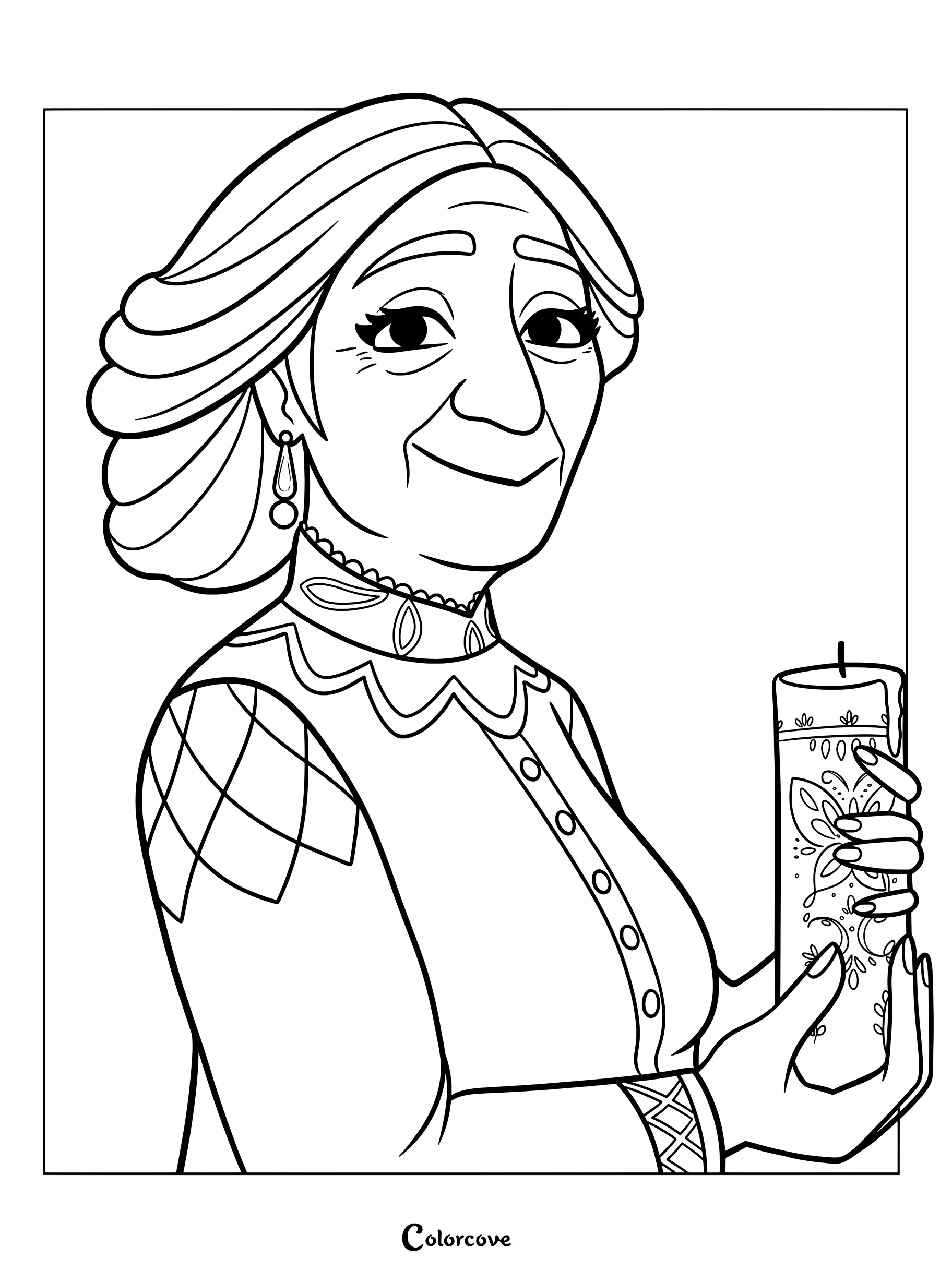 Abuela Alma Madrigal holding the magical Encanto candle in this printable coloring page.