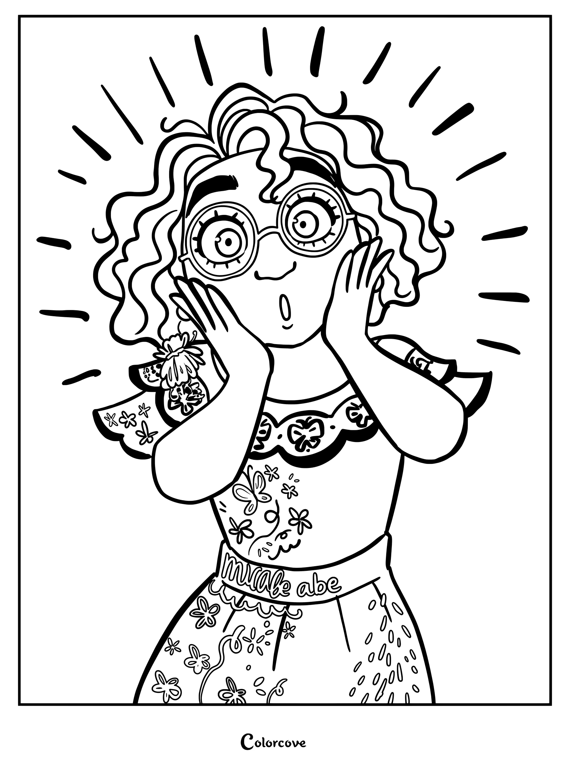Mirabel Madrigal from Encanto with a surprised expression, hands on cheeks, wearing her signature glasses and floral dress in this printable coloring page.