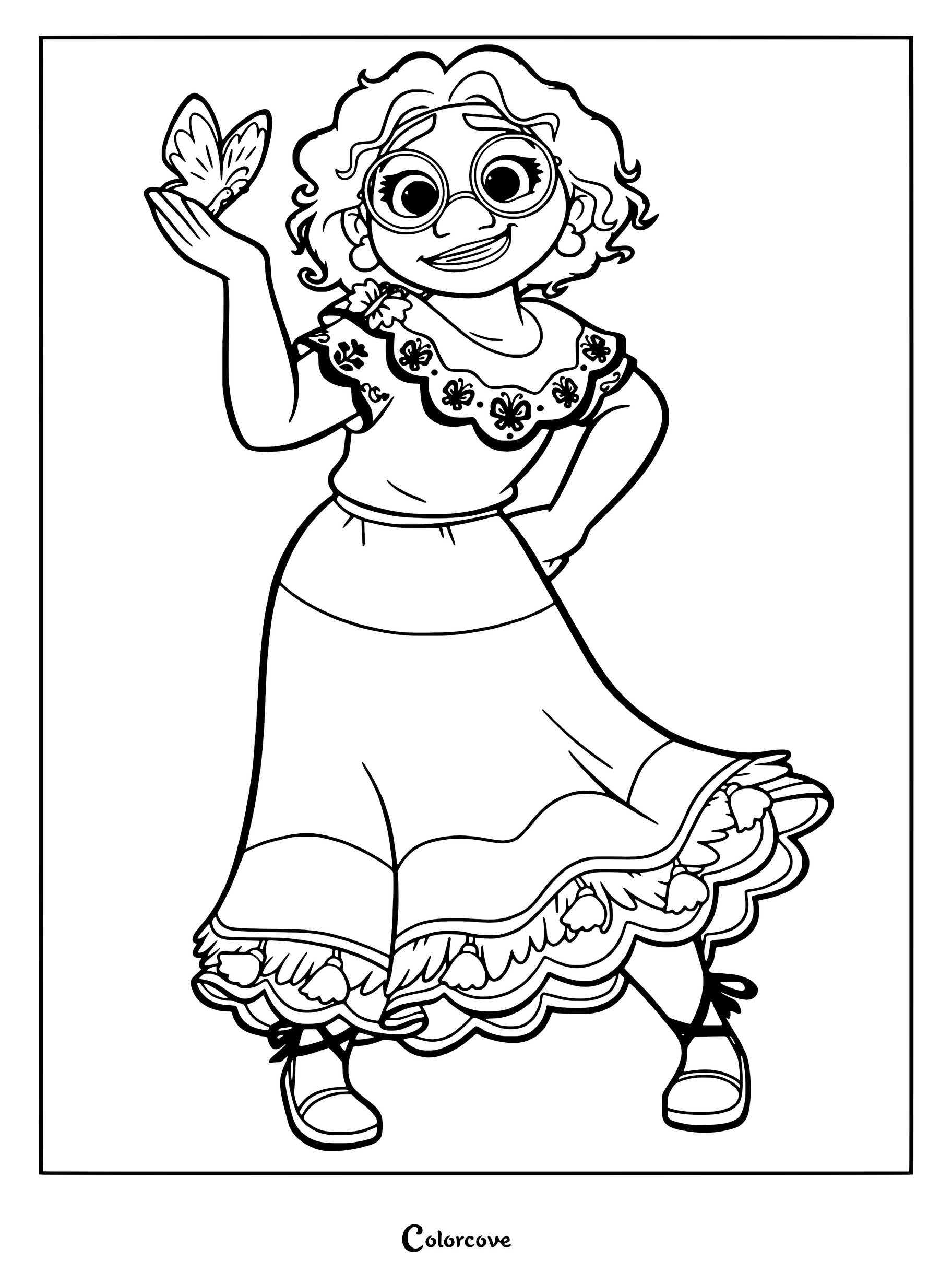 Mirabel Madrigal from Encanto wearing her signature embroidered dress and glasses, holding a butterfly in this printable coloring page.