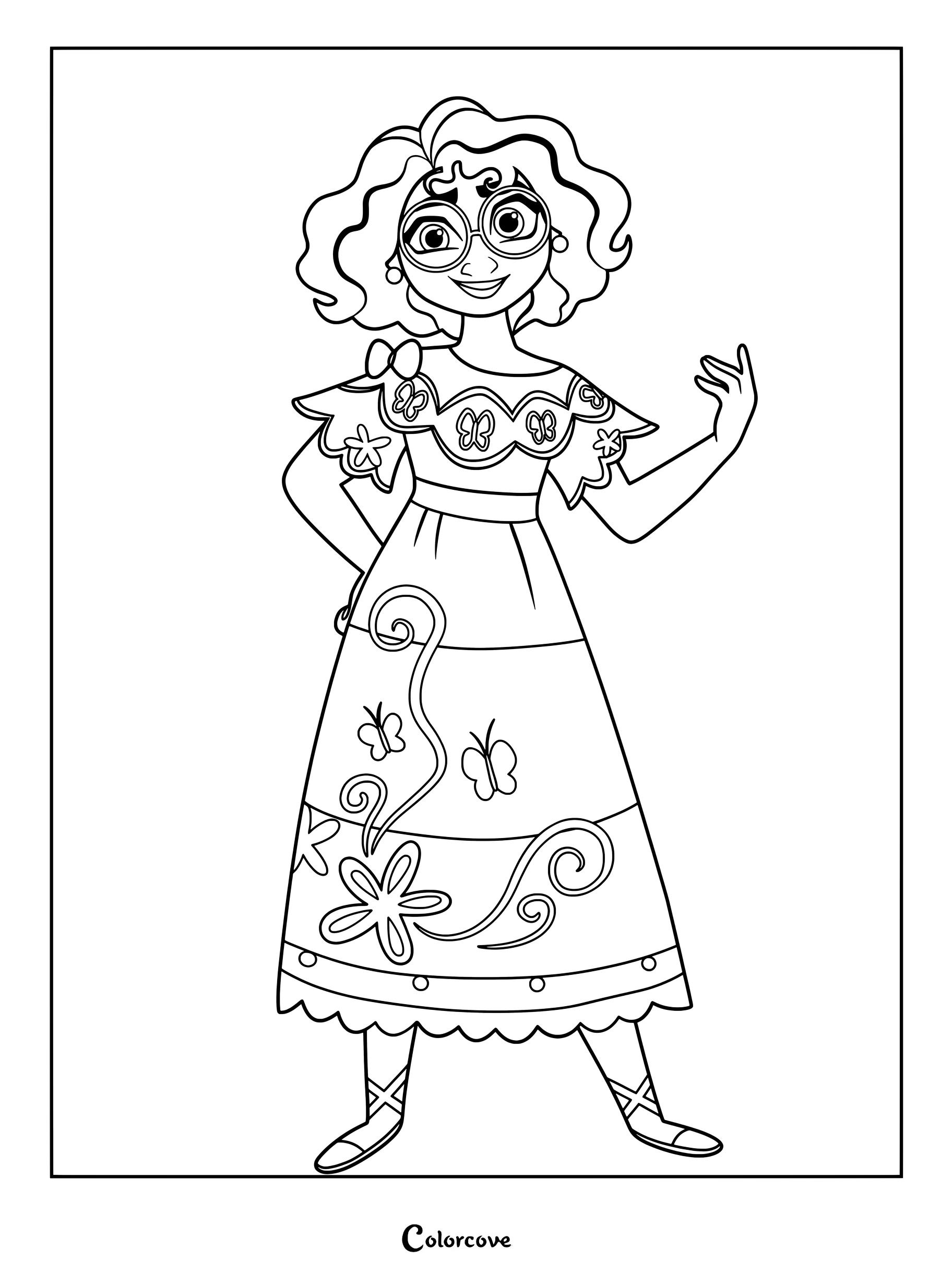 Mirabel Madrigal from Encanto wearing her signature embroidered dress and round glasses in a printable coloring page.