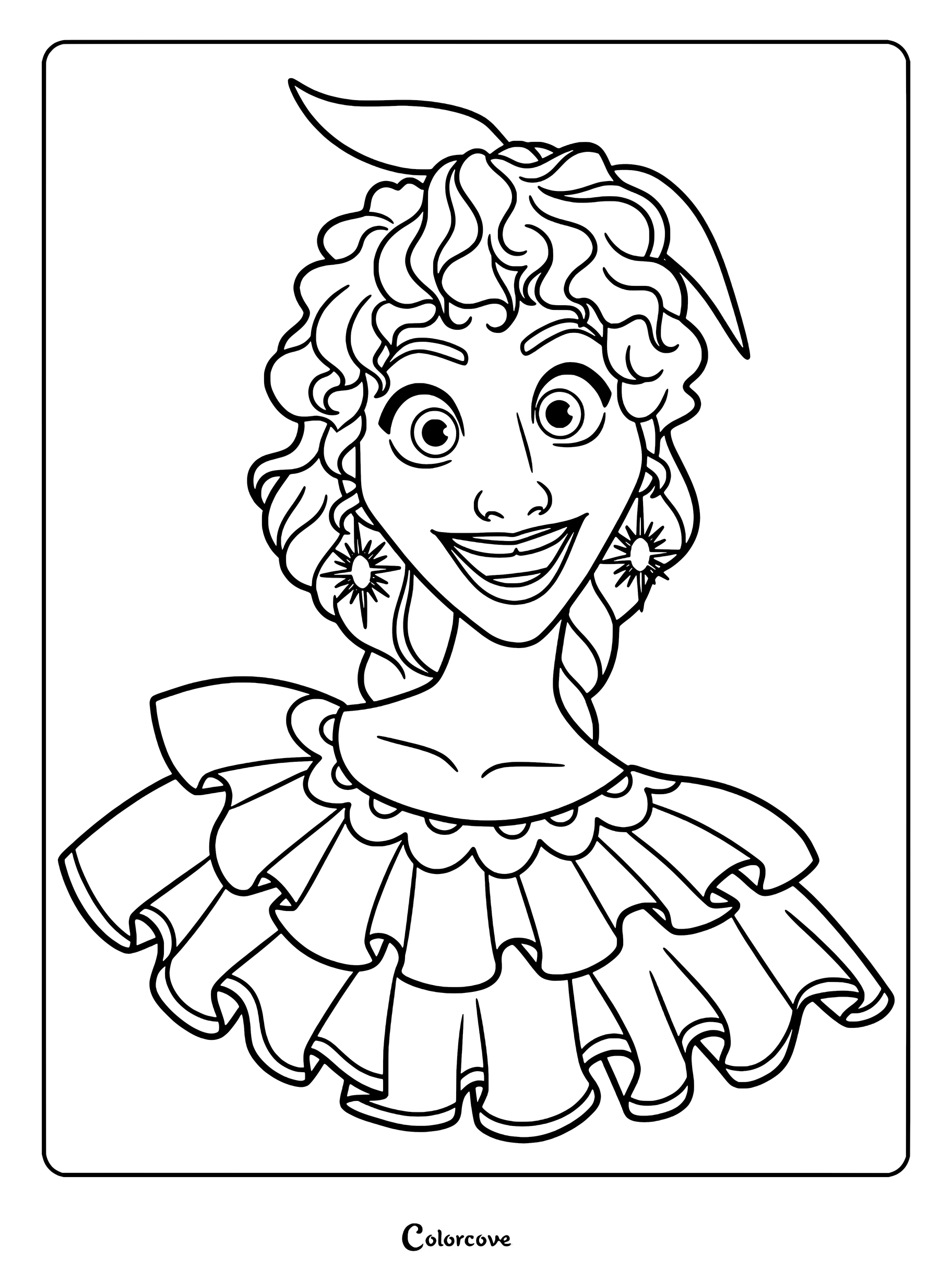 A detailed line art coloring page of Pepa Madrigal from Encanto, featuring her curly hair, sun earrings, and ruffled dress.