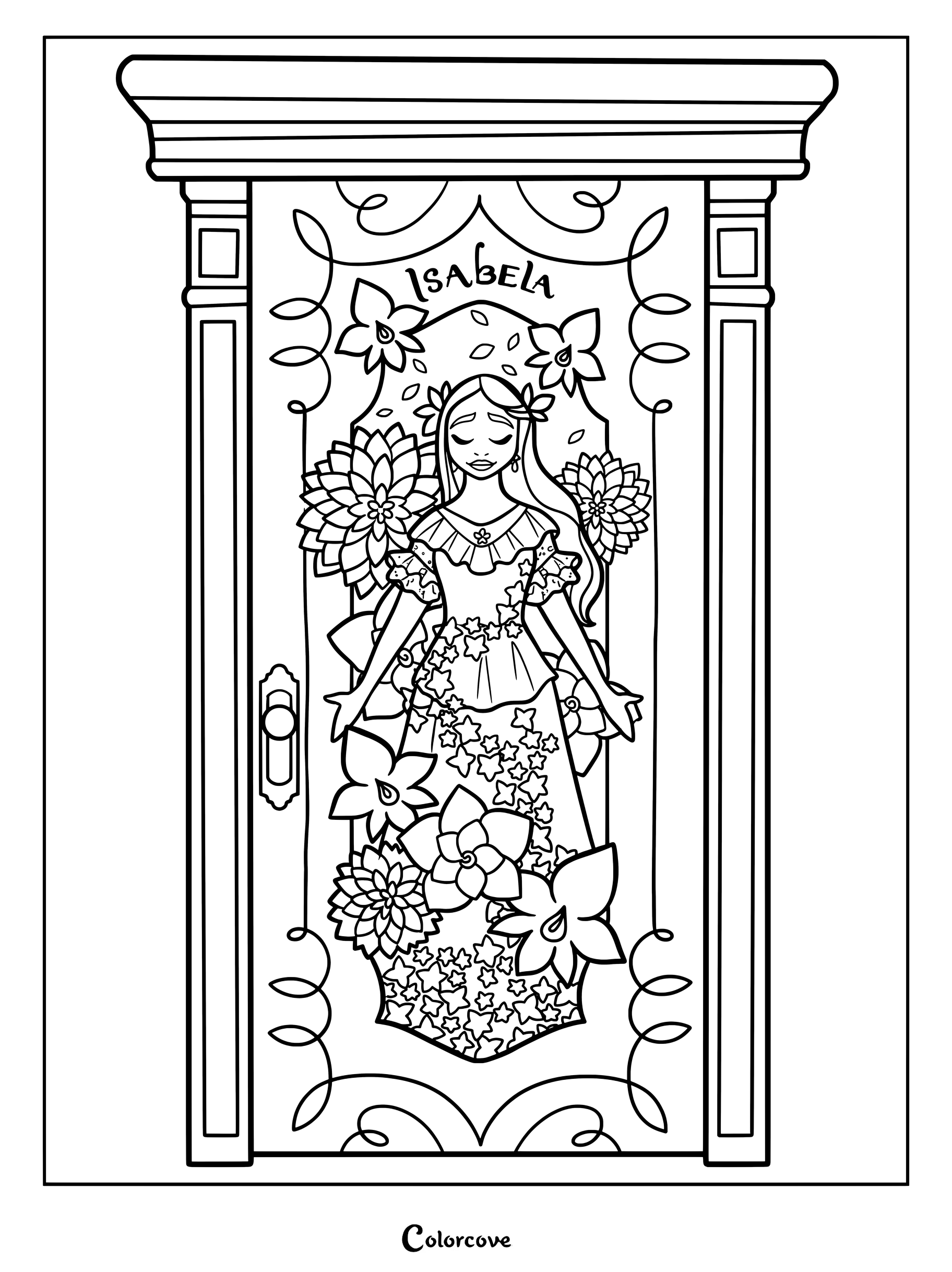 Isabela Madrigal standing in front of her floral magical door from Encanto, a detailed line art coloring page.