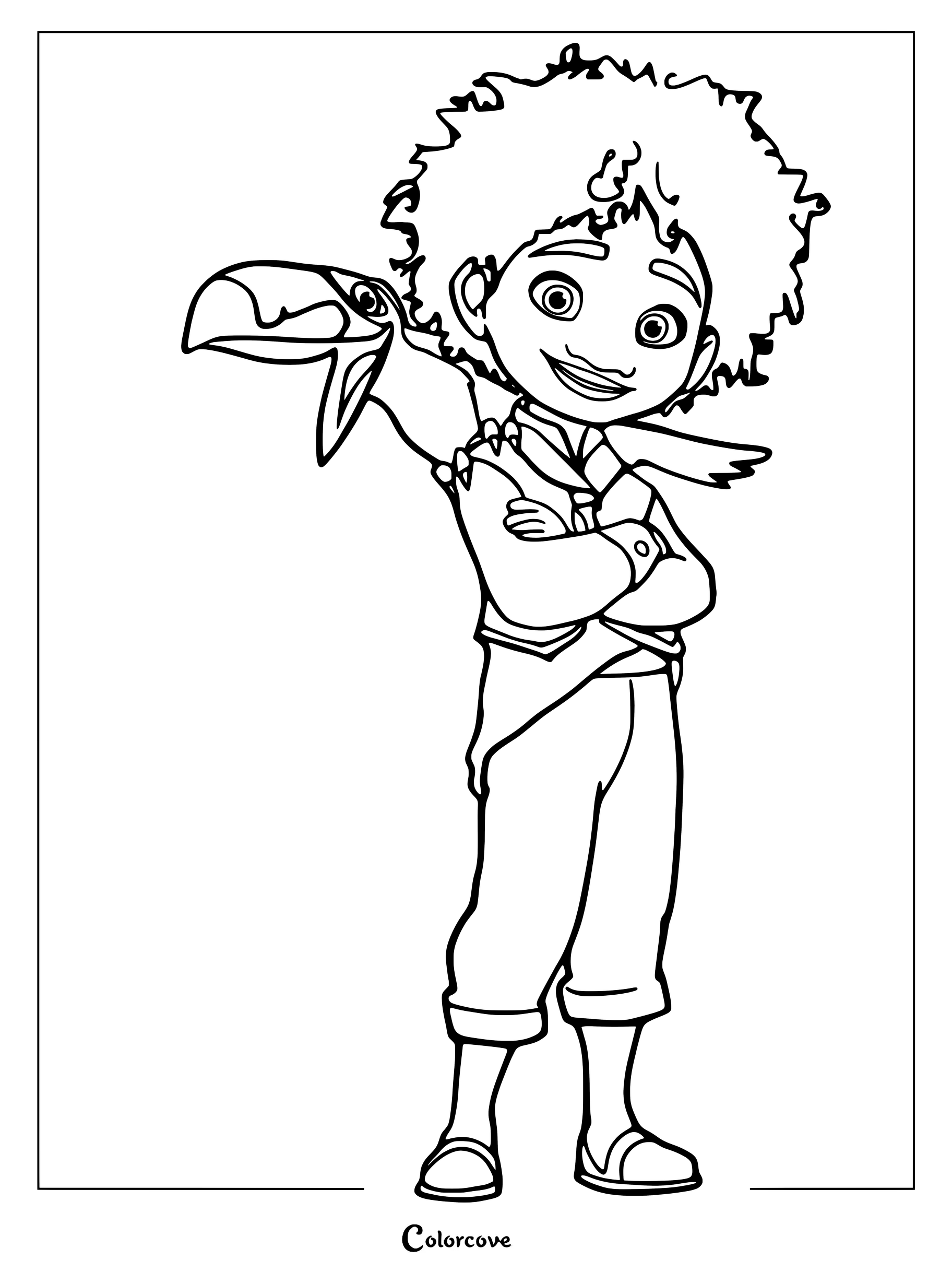 Antonio Madrigal from Encanto standing with his toucan friend Pico perched on his shoulder in this printable coloring page.