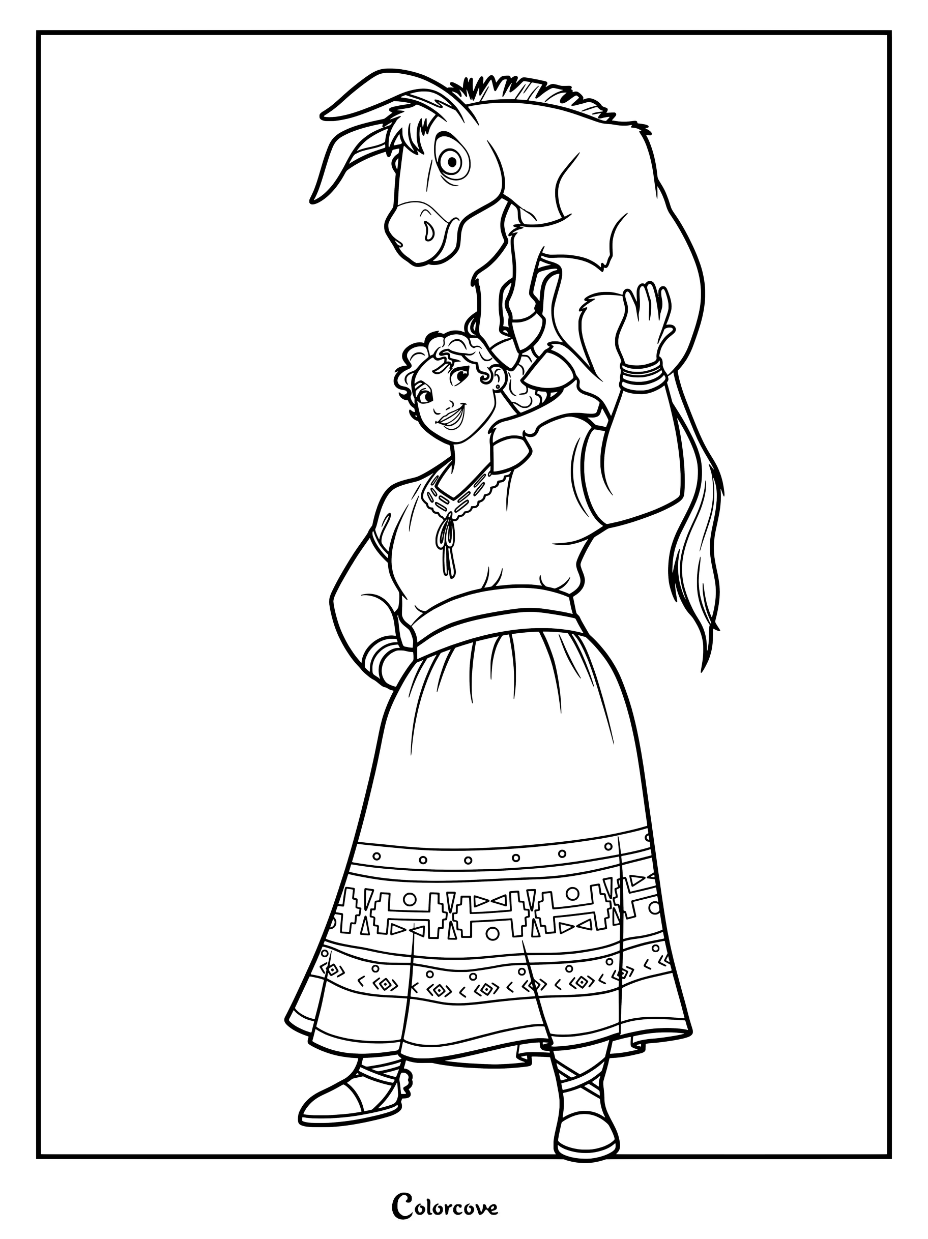 Luisa Madrigal from Encanto lifting a donkey with one hand in this printable coloring page.