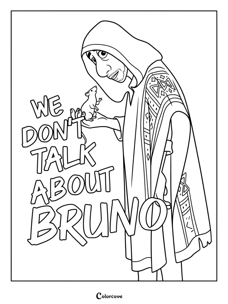 Bruno Madrigal wearing his hooded ruana holding a small rat with the text We Don't Talk About Bruno in this printable coloring page.