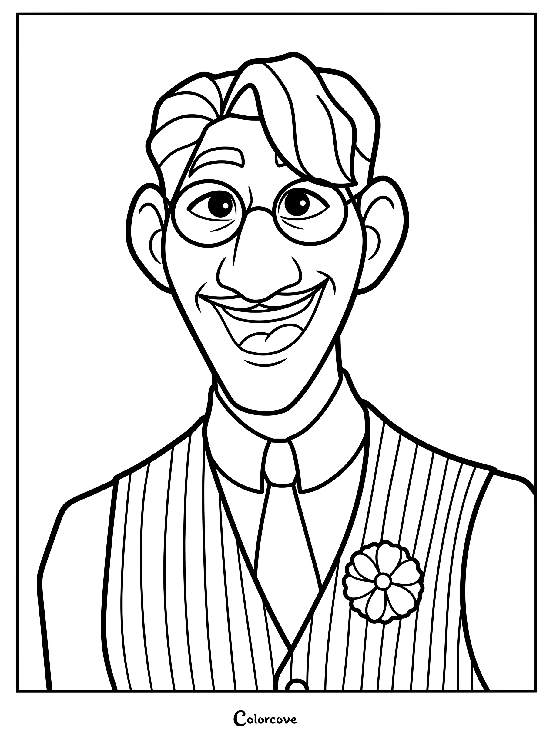 A printable coloring page featuring a portrait of Agustín Madrigal from Encanto, wearing his signature round glasses, striped vest, and a flower lapel pin.