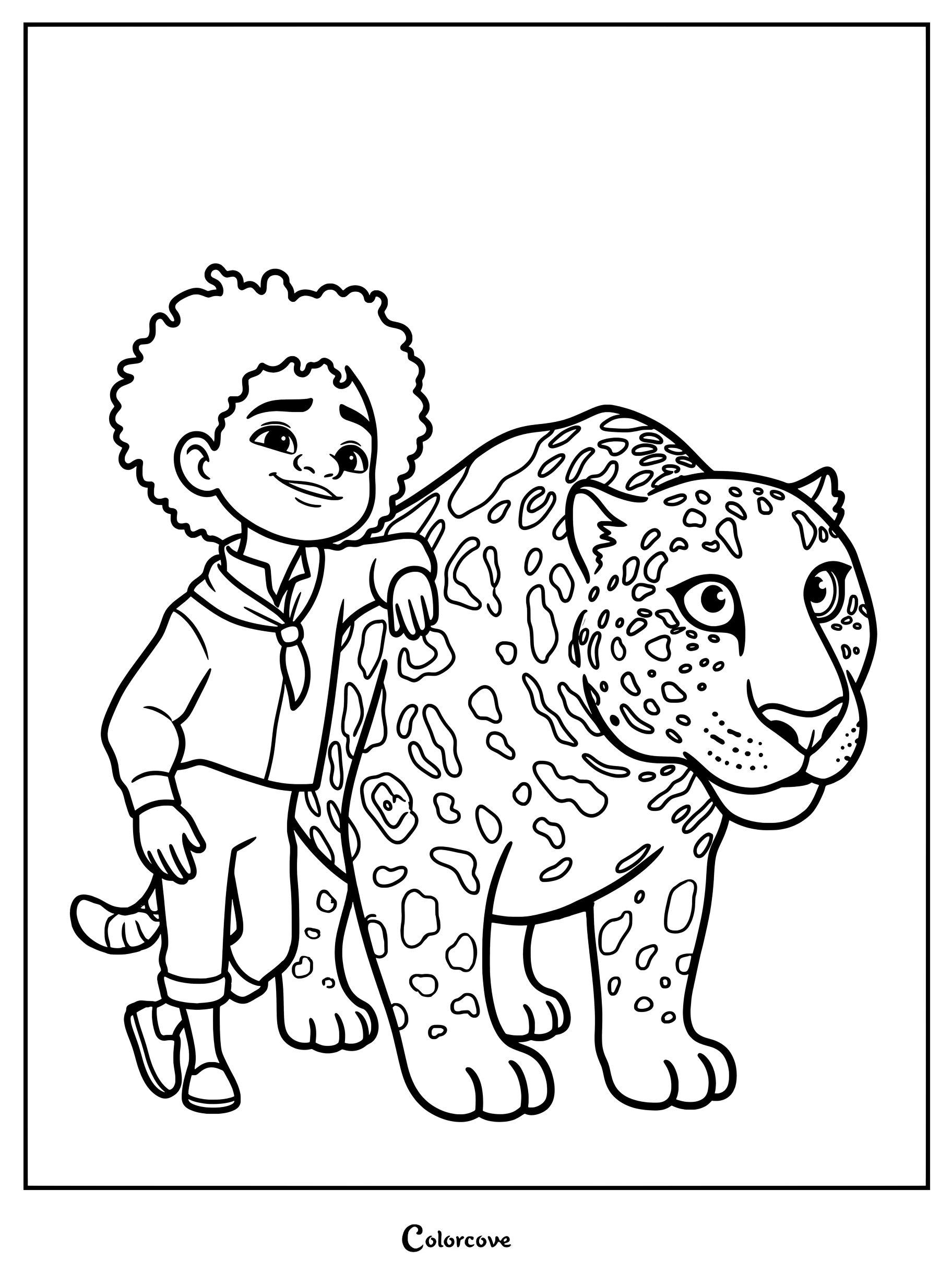 Antonio Madrigal leaning against his spotted jaguar Parce in this printable Encanto coloring page.