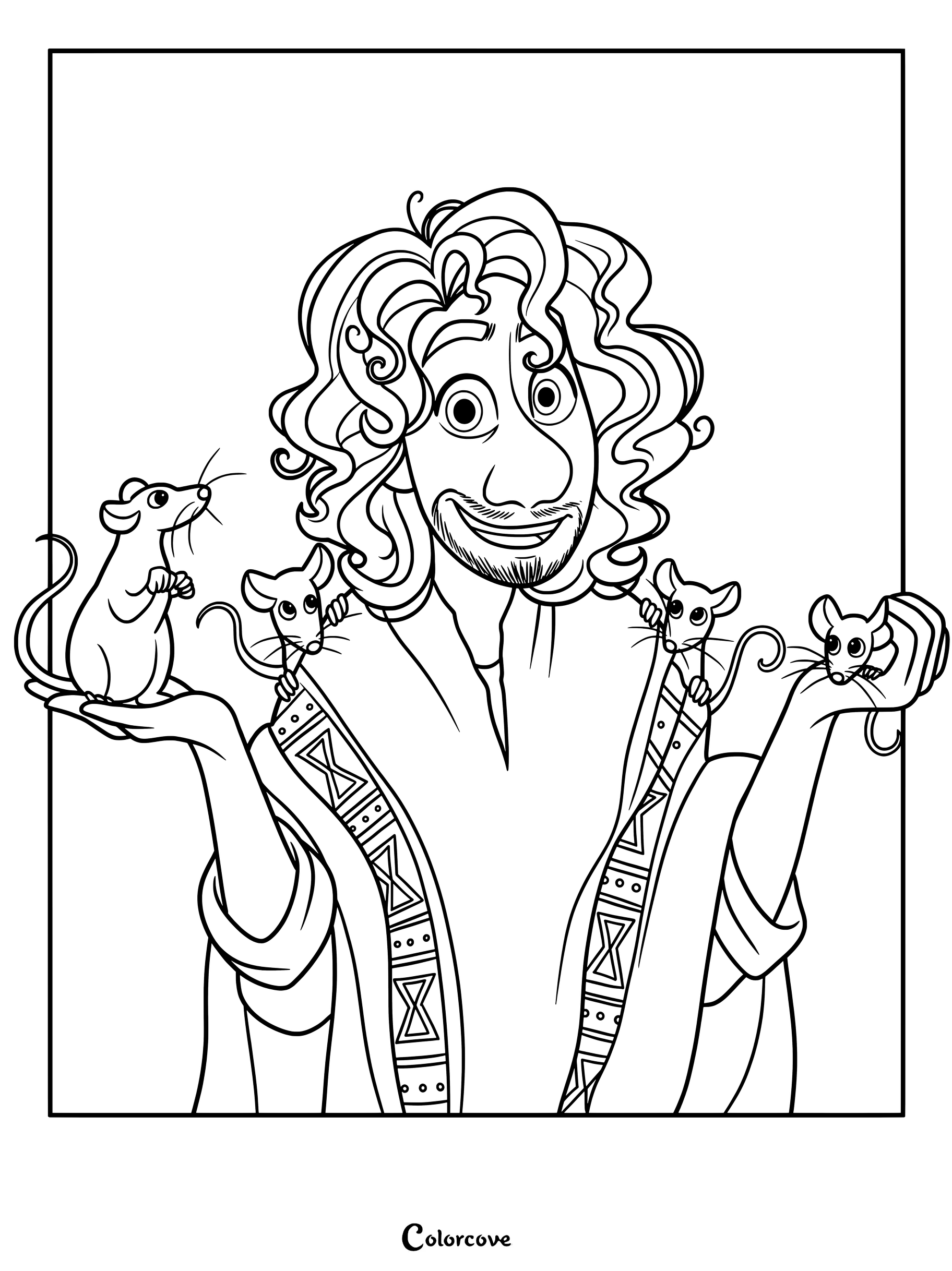 Bruno Madrigal from Encanto smiling with his pet rats on his hands and shoulders in this printable coloring page.