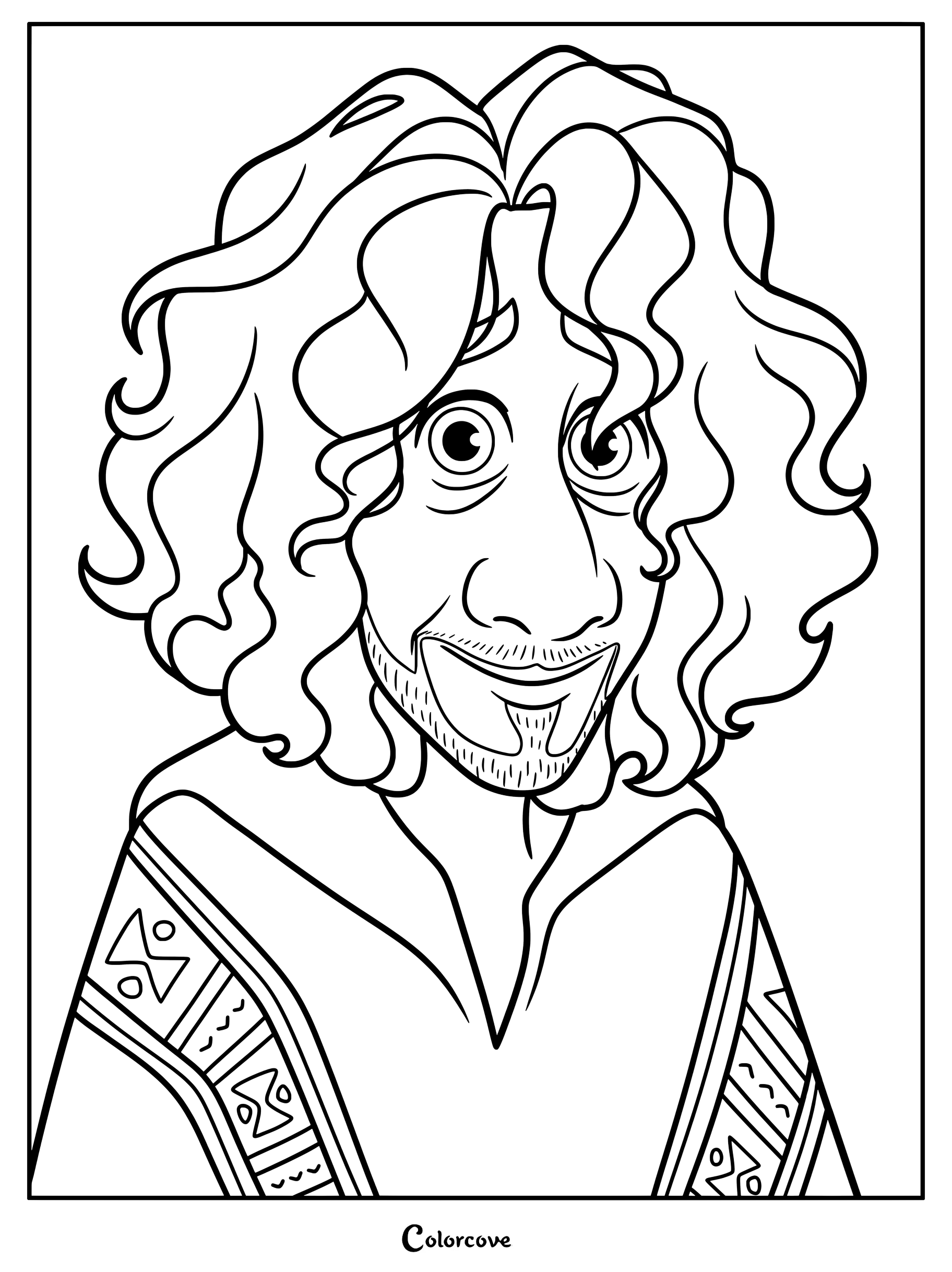 A detailed line art coloring page featuring a close-up portrait of Bruno Madrigal from Encanto with his signature curly hair and patterned ruana.