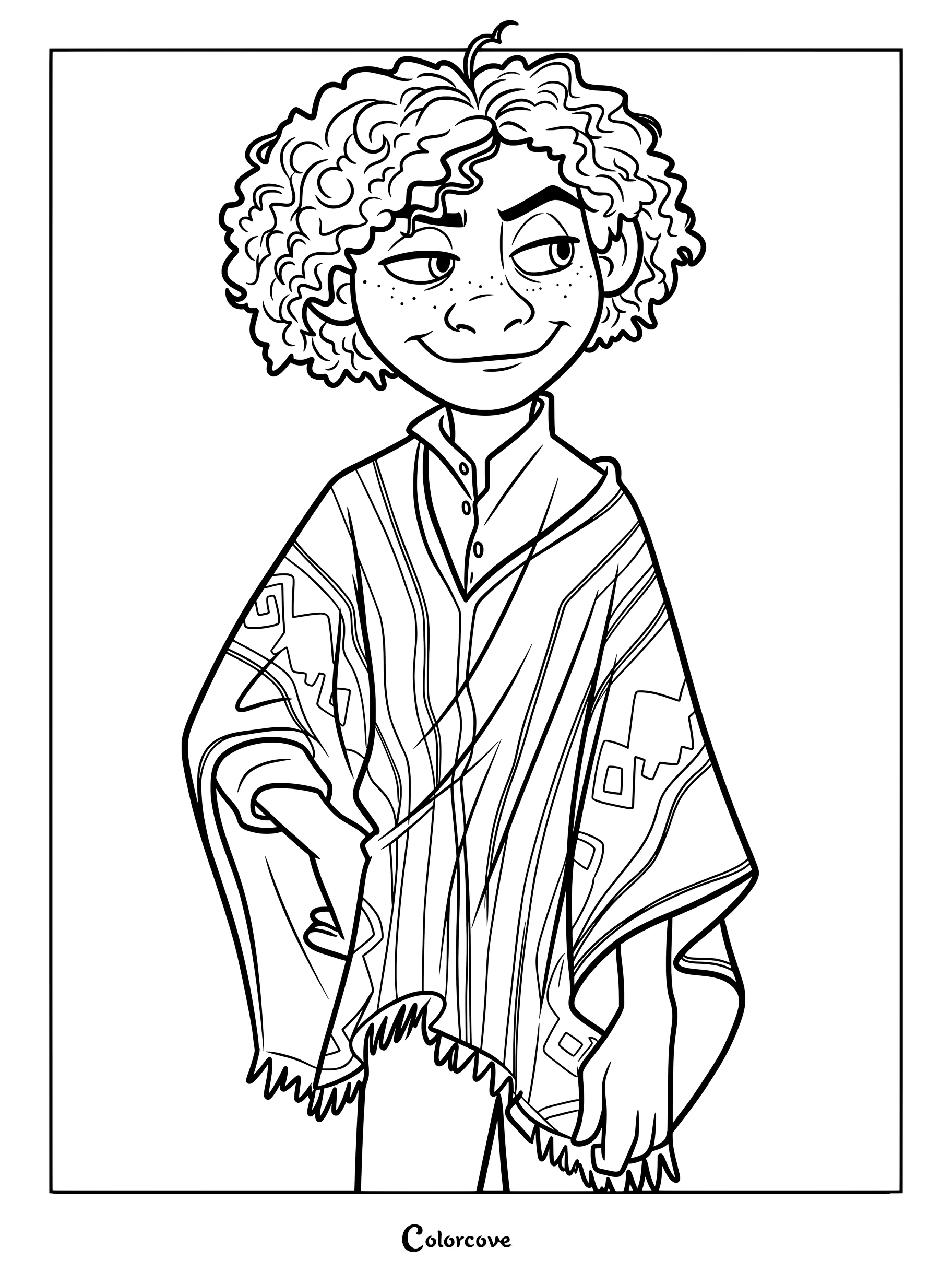 Camilo Madrigal from Encanto with curly hair and freckles wearing a patterned ruana in this printable coloring page.