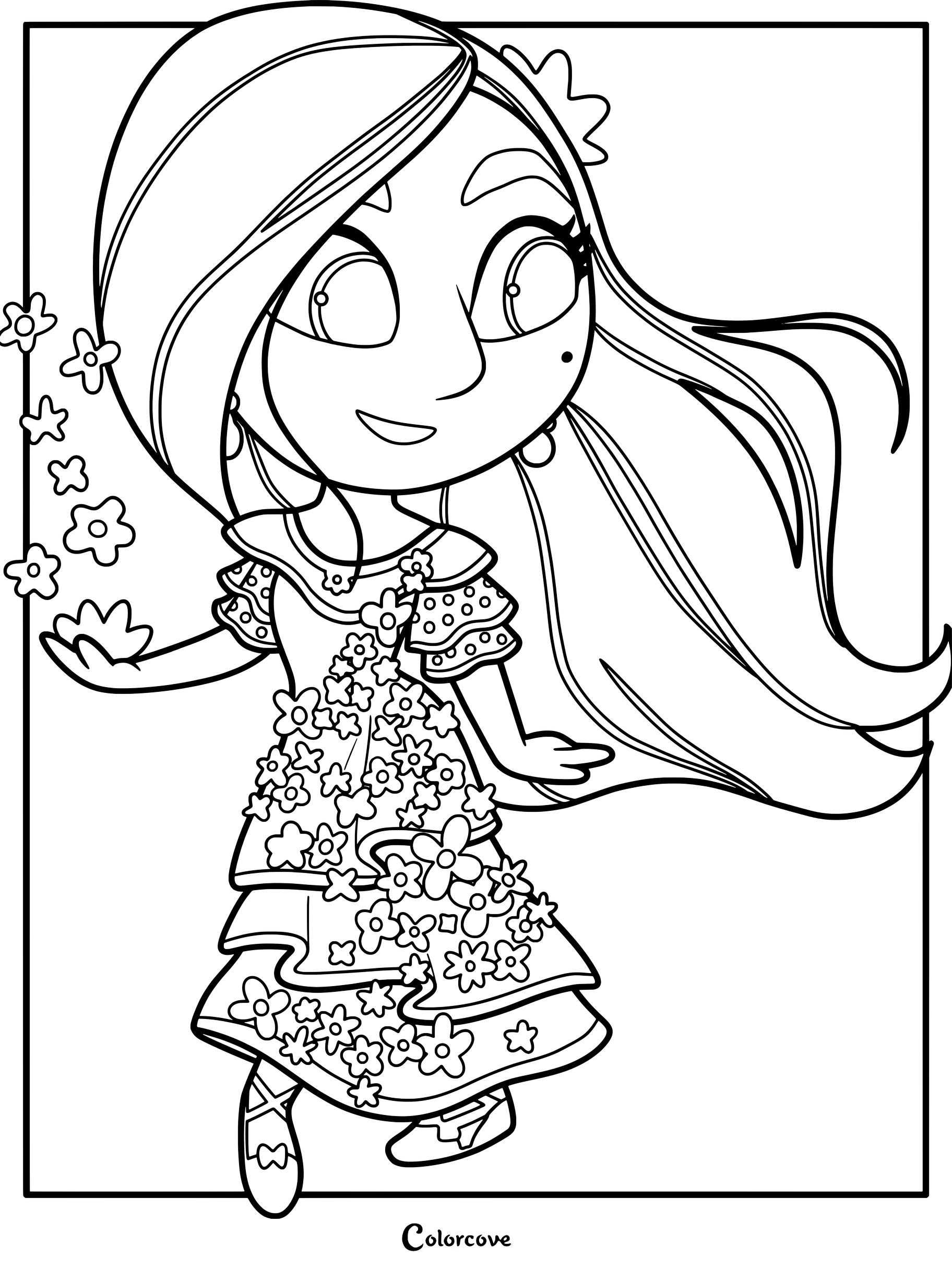 Chibi Isabela from Encanto with long flowing hair and a floral dress creating flowers in a printable coloring page.