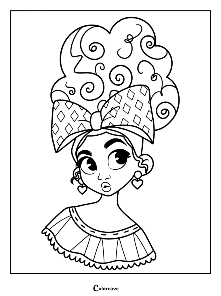 A detailed coloring page of Dolores Madrigal from Encanto featuring her signature curly hair, large patterned hair bow, and heart-shaped earrings.