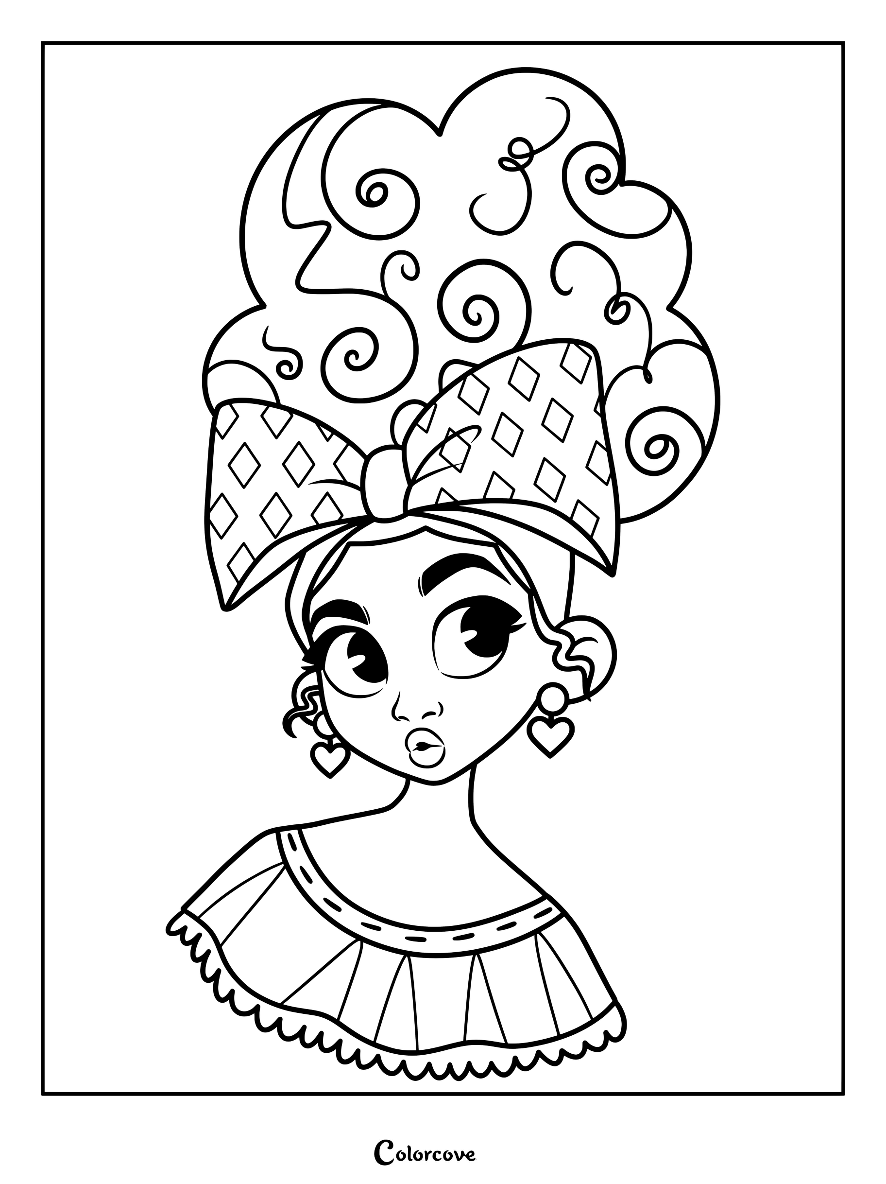 A detailed coloring page of Dolores Madrigal from Encanto featuring her signature curly hair, large patterned hair bow, and heart-shaped earrings.
