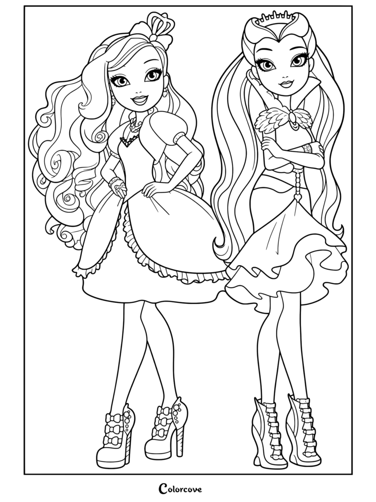 Apple White et Raven Queen debout côte à côte dans leurs tenues de mode emblématiques, tiré du coloriage Ever After High