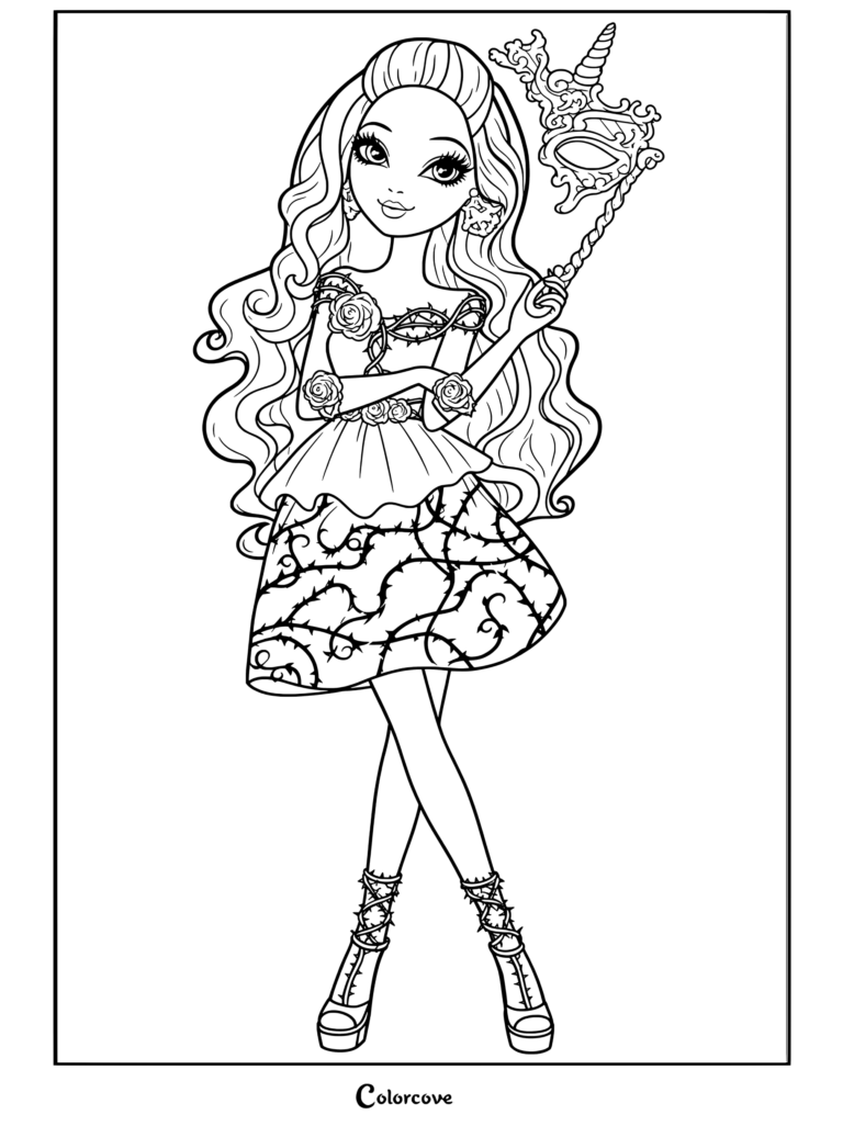 Coloriage de Ever After High représentant Briar Beauty dans sa robe rose Thronecoming tenant un masque de bal masqué.