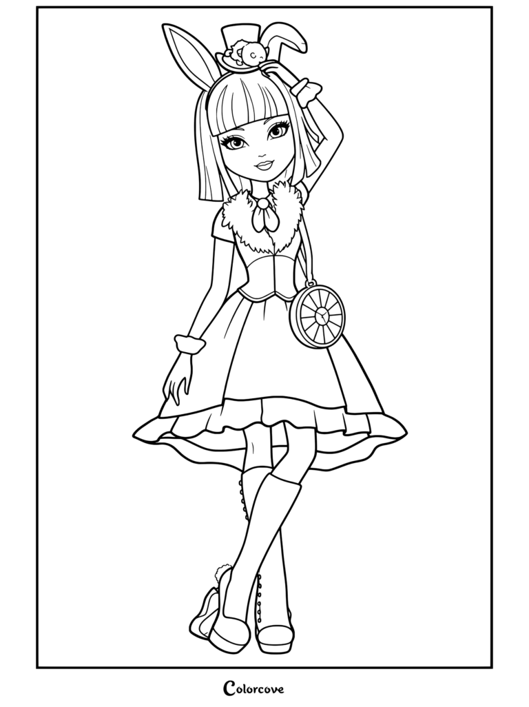 Coloriage de Ever After High de Bunny Blanc portant sa robe signature à motif d'horloge, des oreilles de lapin blanches et un chapeau haut de forme, tenant un sac en forme de montre gousset.