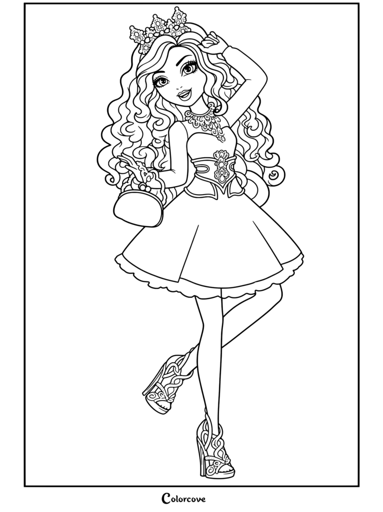 Coloriage de l'illustration de poupée Cedar Wood de Ever After High en robe jaune et blanche tenant un sac doré.