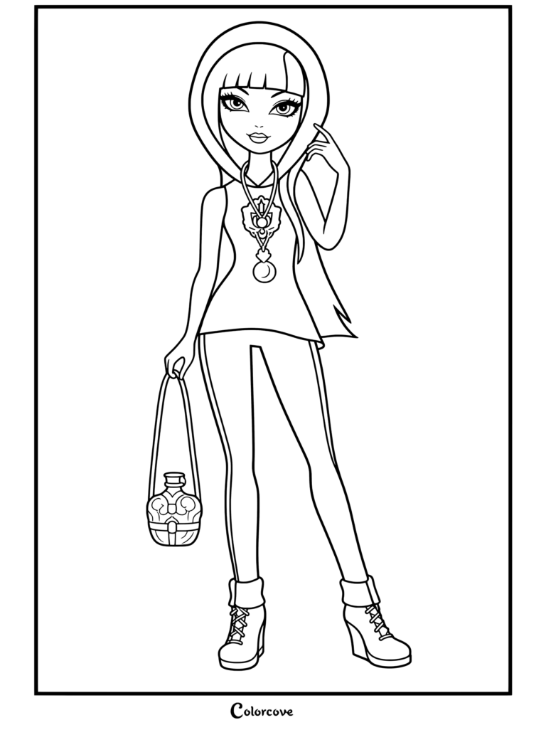 Cerise Hood de Ever After High dans sa tenue Dragon Games tenant un sac gourde, présenté comme un coloriage à imprimer.