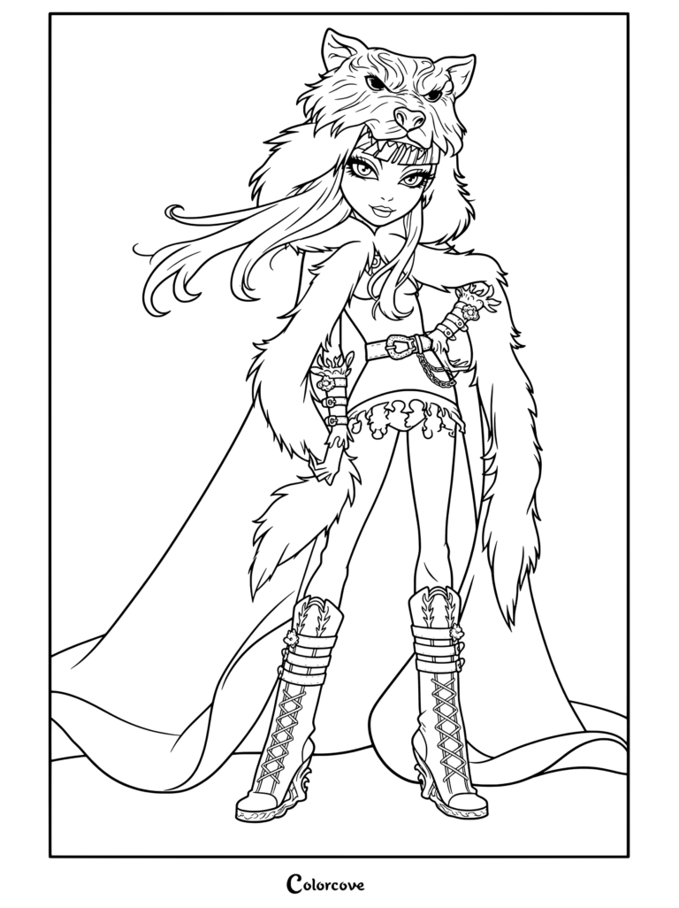 Cerise Hood de Ever After High portant une tenue de loup des neiges avec cape, des bottes hautes à lacets et une capuche en fausse fourrure, mise en vedette dans un coloriage.