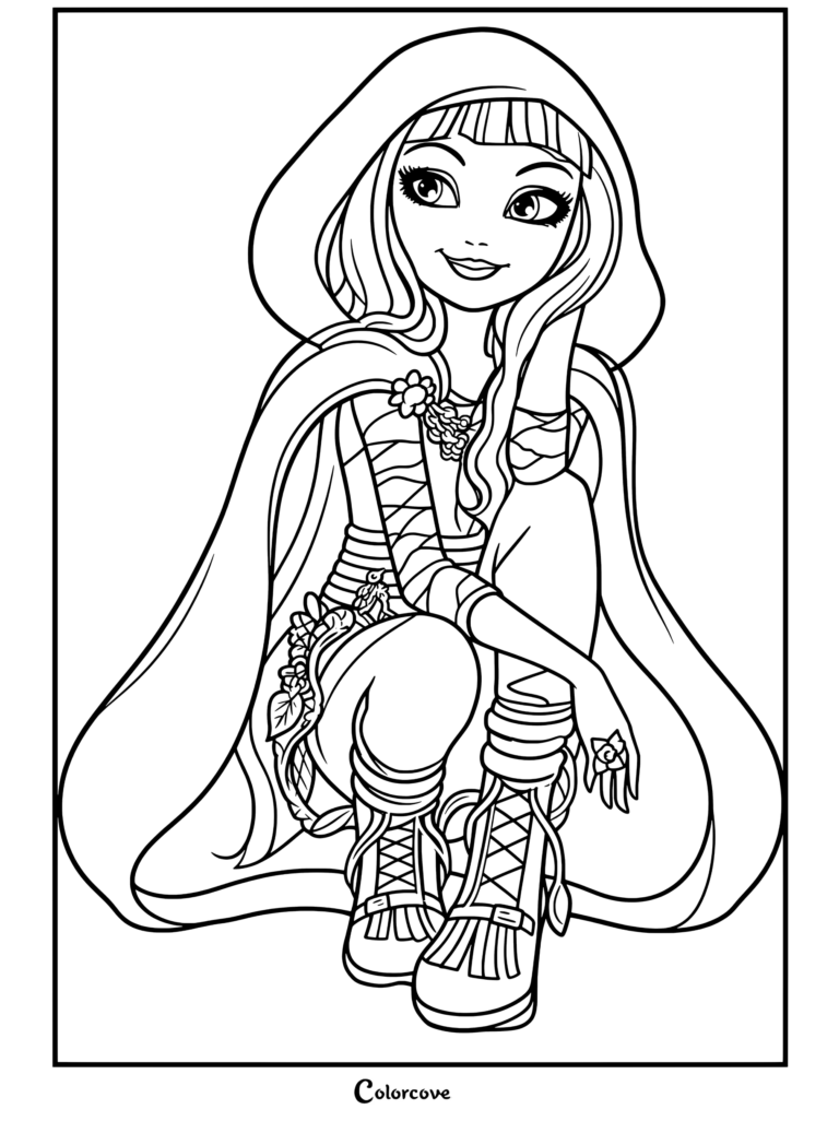 Coloriage à imprimer de Cerise Hood assise accroupie tout en portant une cape à capuchon et des bottes marron de Ever After High.