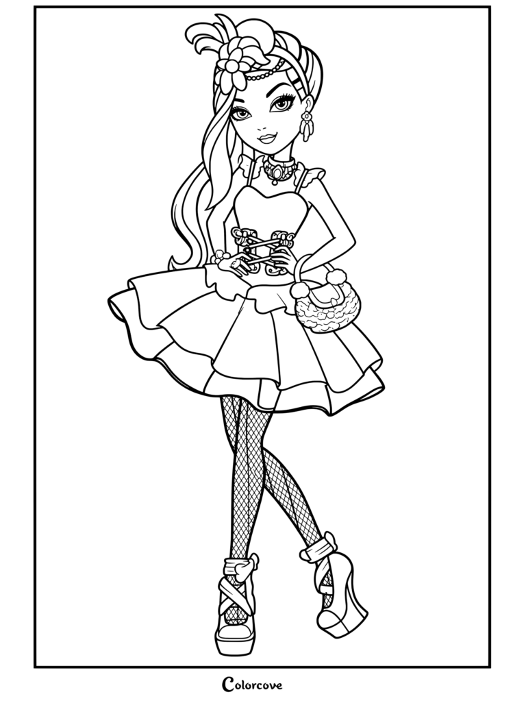 Duchess Swan dans sa robe de bal Thronecoming avec un coiffe à plumes et une robe corset, mise en vedette dans ce coloriage Ever After High.