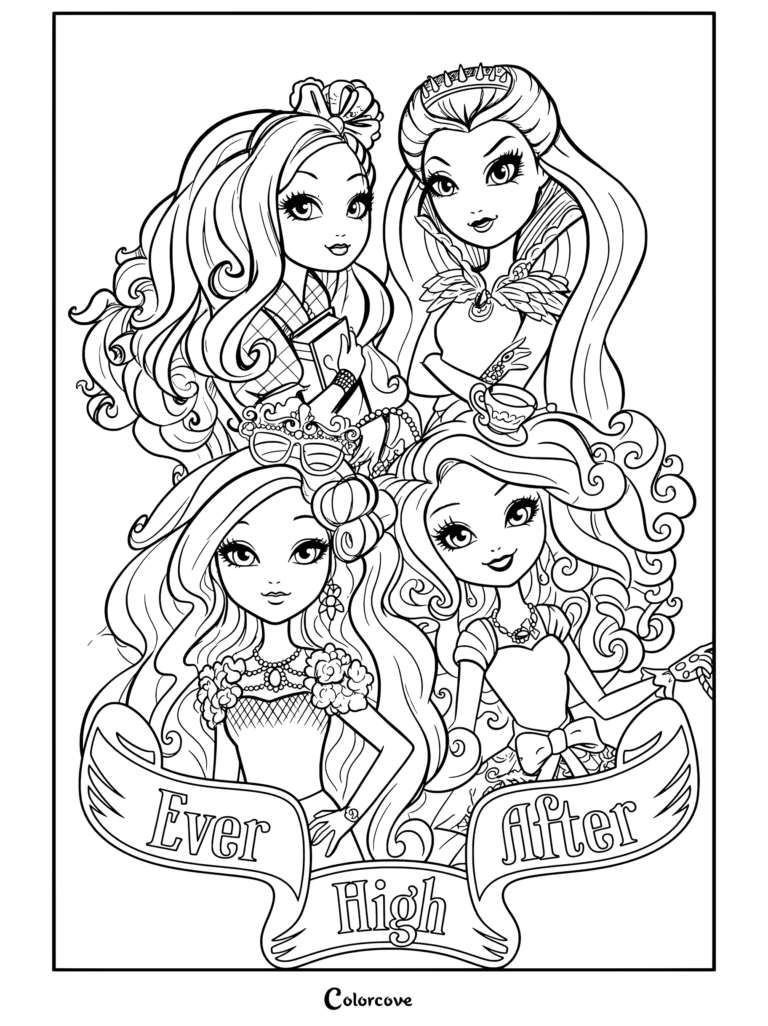 Coloriage détaillé représentant Apple White, Raven Queen, Briar Beauty et Madeline Hatter dans un portrait de groupe de Ever After High.